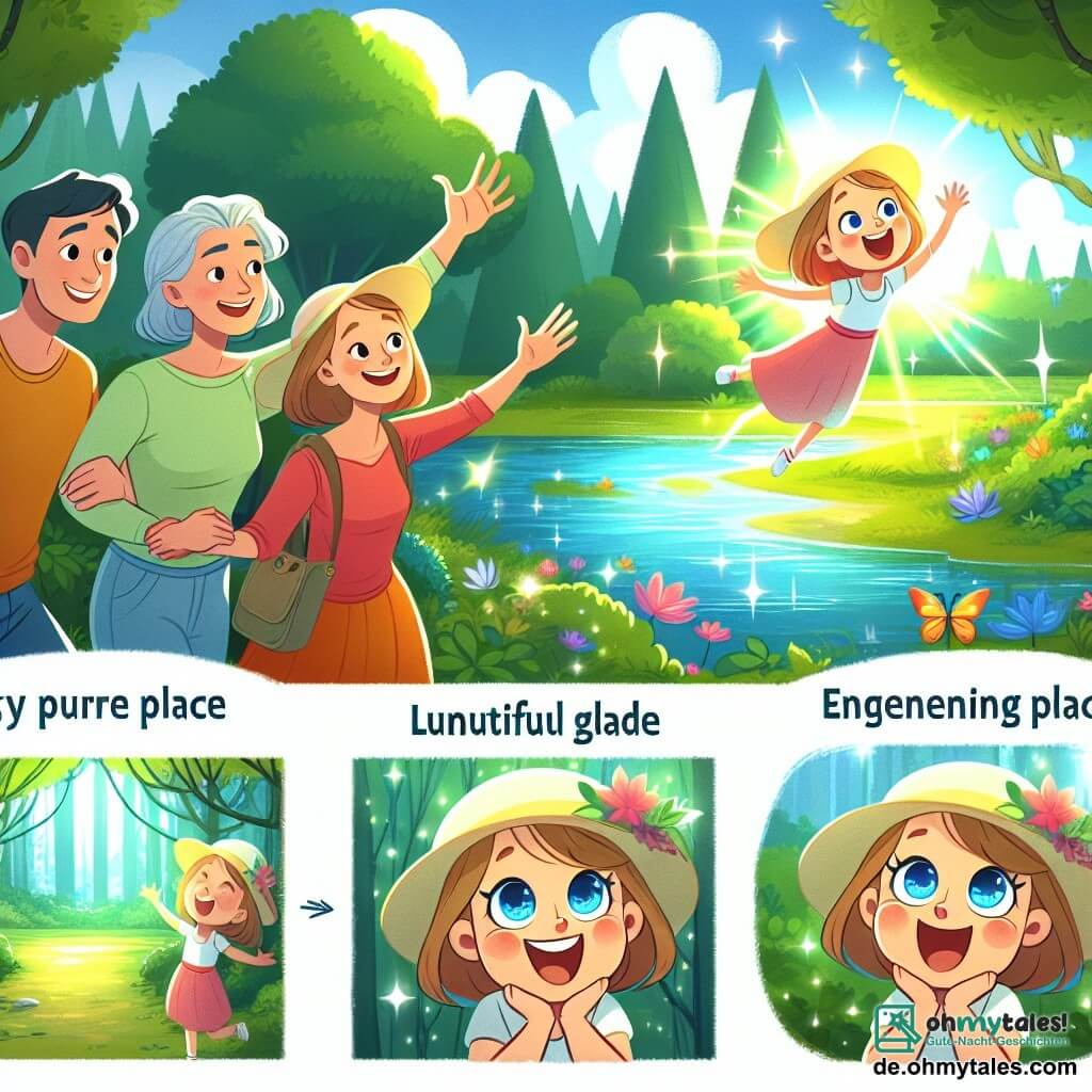 Une illustration destinée aux enfants représentant une jeune fille joyeuse vivant des aventures estivales avec sa famille et sa tante, découvrant des lieux magiques tels qu'une lumineuse clairière au bord d'un lac enchanteur dans une forêt verdoyante.