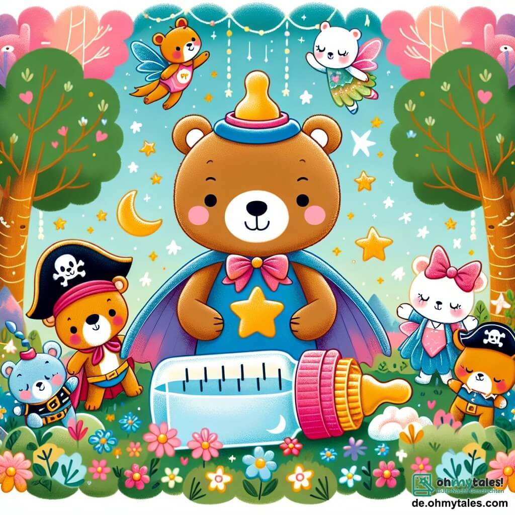 Une illustration destinée aux enfants représentant un adorable ourson, vêtu d'un costume de superhéros, sauvant un biberon endormi, entouré d'autres animaux costumés en pirate et en fée, dans une forêt enchantée avec des arbres colorés et des fleurs scintillantes.