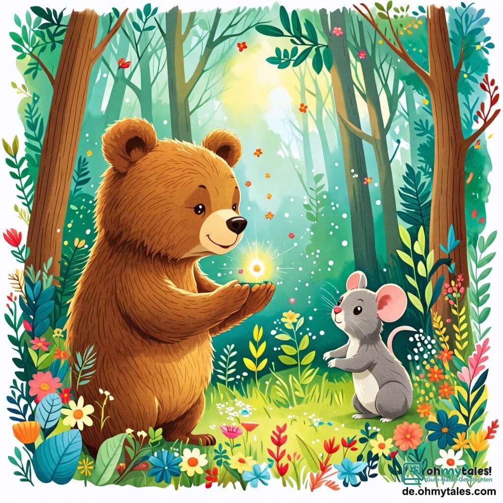 Une illustration sous forme de dessin destinée aux enfants représentant une forêt verdoyante avec de grands arbres aux feuilles éclatantes, un ours au pelage brun et doux, émerveillé en tenant un magnifique et scintillant caillou dans ses pattes, tandis qu'une petite souris grise aux yeux pétillants l'observe avec curiosité, le tout entouré de fleurs colorées et d'autres animaux du bois qui s'approchent pour admirer la découverte, illustrant le thème de l'amitié et du partage.