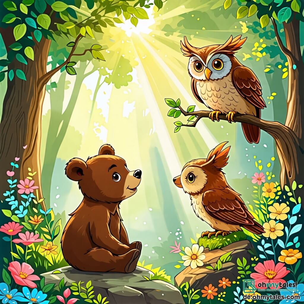 Une illustration sous forme de dessin destinée aux enfants représentant une clairière enchantée dans une forêt verdoyante, où un petit ours au pelage brun et aux yeux pétillants, assis sur une pierre, regarde avec émerveillement une sage vieille chouette aux plumes dorées perchée sur une branche, tandis qu'ils discutent de leurs rêves d'aventure, entourés de fleurs colorées et de rayons de soleil filtrant à travers les feuilles des arbres.