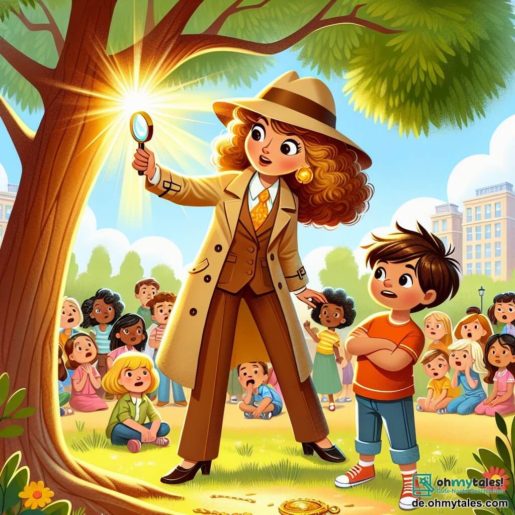 Une illustration sous forme de dessin destinée aux enfants représentant un parc ensoleillé avec un grand arbre au centre, où une femme détective aux cheveux bouclés et portant un trench-coat beige examine un médaillon doré à l'aide d'une loupe, tandis qu'un garçon aux cheveux ébouriffés et aux yeux pétillants, son jeune assistant, observe avec curiosité, entourés d'autres enfants émerveillés qui regardent la scène, tous impatients de découvrir le mystère du médaillon trouvé.