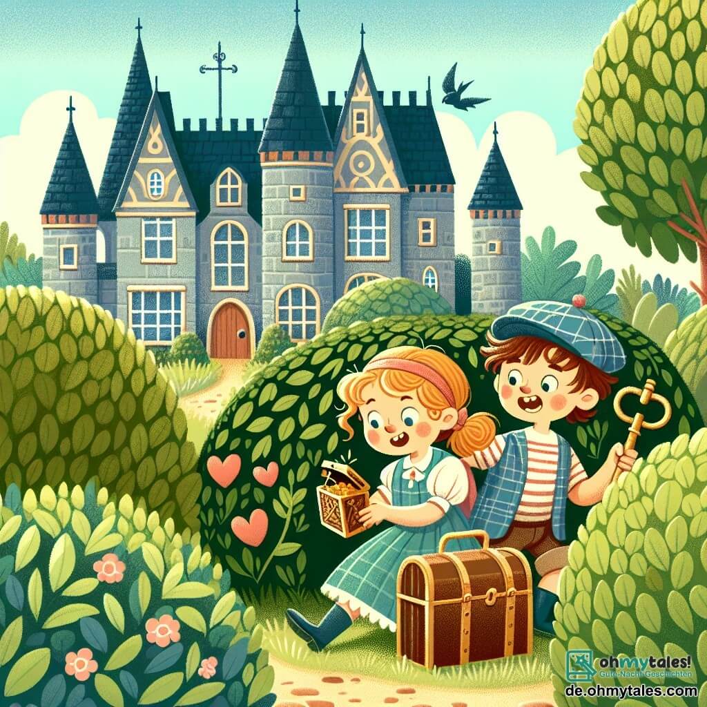 Une illustration destinée aux enfants représentant une fillette espiègle découvrant un trésor avec son meilleur ami, un garçon malicieux, dans un charmant jardin de château rempli de haies et de buissons touffus.