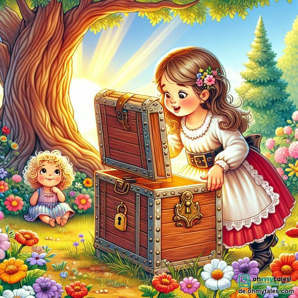 Une illustration destinée aux enfants représentant une fillette curieuse découvrant une vieille Schatulle mystérieuse avec un indice caché, accompagnée de son amie, une petite fille aux cheveux bouclés, dans un jardin ensoleillé entouré de fleurs colorées et d'un majestueux arbre centenaire.