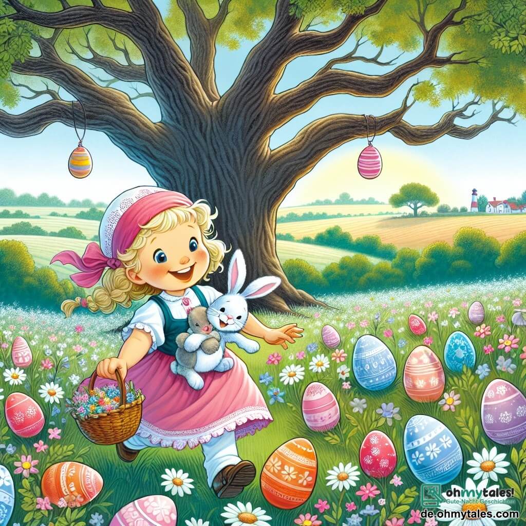 Une illustration destinée aux enfants représentant une jeune fille joyeuse, se lançant dans une chasse au trésor de Pâques avec l'aide d'un lapin en peluche, sur une grande prairie colorée de fleurs et d'œufs peints, à l'ombre d'un majestueux chêne centenaire.