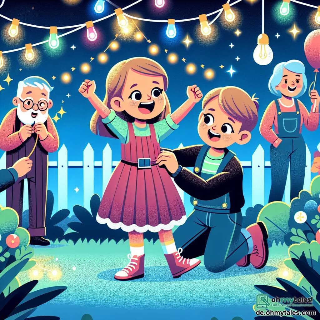 Une illustration destinée aux enfants représentant une petite fille excitée par la fête du nouvel an, aidée par sa famille, dont un voisin farceur, dans un jardin illuminé de guirlandes et de ballons colorés.