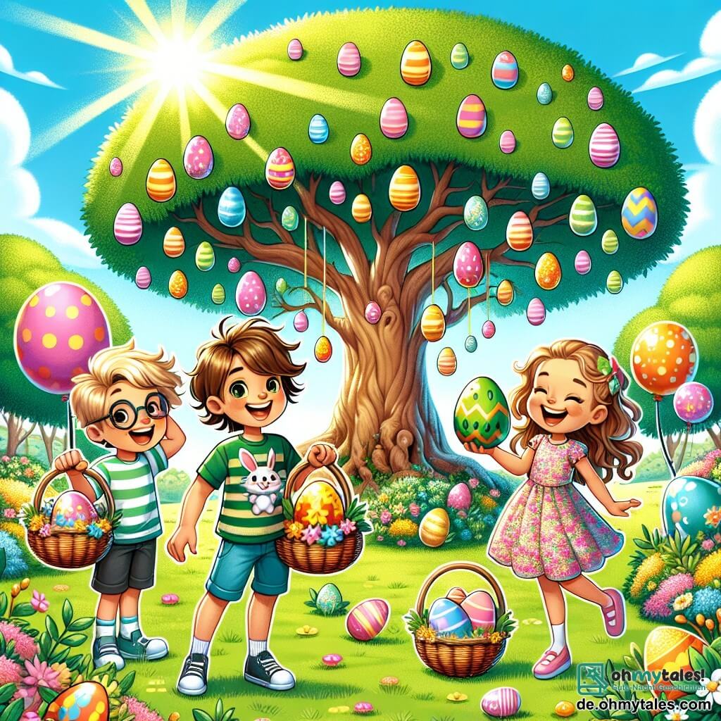 Illustration eines sonnigen Parks während des Osterfestes. Der Boden ist mit leuchtend grünem Gras bedeckt, das mit bunten Blumen in lebhaften Gelb-, Rot- und Blautönen gesprenkelt ist. In der Mitte steht ein großer majestätischer Baum, der Schatten spendet, mit dekorierten Ostereiern, die an seinen Ästen hängen. Drei Kinder stehen fröhlich zusammen: ein 7-jähriger Junge mit zerzausten braunen Haaren, der ein grünes T-Shirt mit einem Drachen und blaue Shorts trägt und lächelt, während er ein glänzendes rotes Ei hält. Neben ihm ein 8-jähriger Junge mit blonden Haaren und Brille, der ein gestreiftes T-Shirt und Shorts trägt und stolz ein hasenförmiges Ei zeigt. Schließlich ein 7-jähriges Mädchen mit langen lockigen Haaren, das ein rosa Kleid mit Blumen trägt und lacht, während es ein grün dekoriertes Ei mit bunten Mustern hält. Die Szene fängt die Aufregung der Ostereiersuche ein, mit Lachen und Lächeln auf den Gesichtern der Kinder. Im Hintergrund schweben bunte Ballons am blauen Himmel, und andere Kinder haben Spaß daran, versteckte Eier zwischen den Büschen und Blumen zu suchen. Sichtbare Weidenkörbe sind mit dekorierten Eiern gefüllt und tragen zur festlichen Atmosphäre dieses fröhlichen Tages bei.