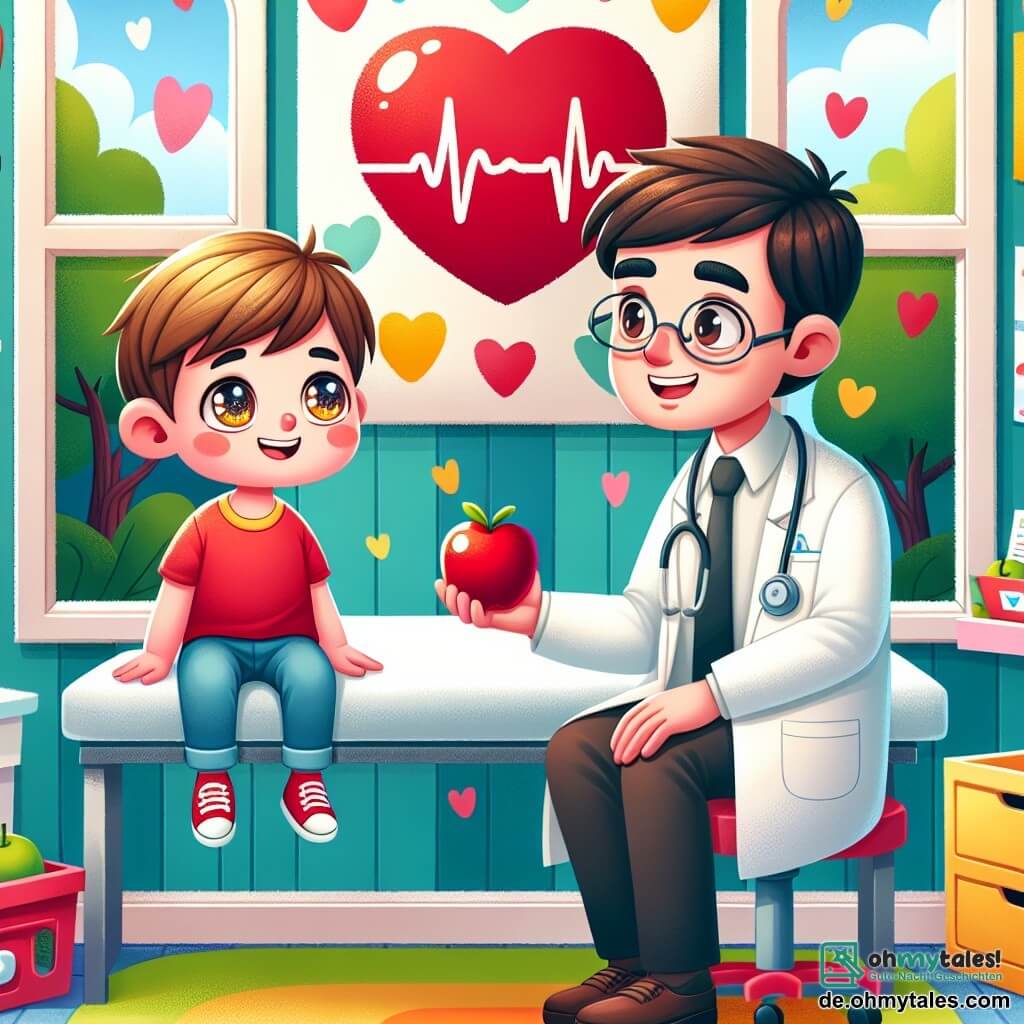 Une illustration sous forme de dessin destinée aux enfants représentant une clinique colorée avec de grandes fenêtres et des murs ornés de dessins joyeux, où un médecin homme aux cheveux bruns et à la blouse blanche sourit en examinant un petit garçon aux joues rouges et aux yeux pétillants, assis sur une table d'examen, tandis qu'un grand poster d'un cœur bat à l'arrière-plan, illustrant la scène où le médecin aide l'enfant à se sentir mieux en lui proposant un délicieux apfel.