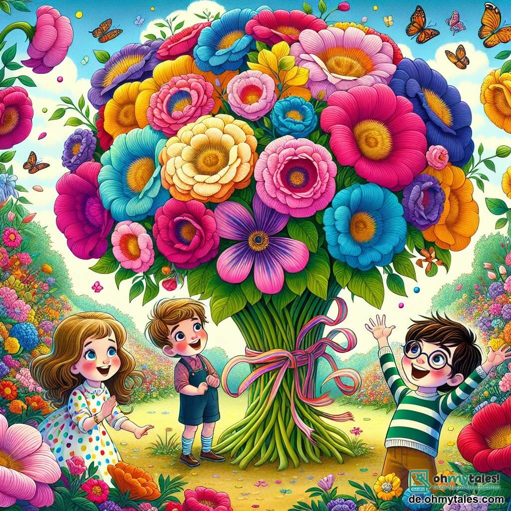 Illustration eines bunten, magischen Gartens, gefüllt mit riesigen Blumen in lebhaften Rosa-, Blau- und Gelbtönen. In der Mitte tanzt ein riesiger Blumenstrauß fröhlich, seine Blütenblätter bewegen sich wie Arme. Drei Kinder stehen herum: ein etwa 8-jähriges Mädchen mit langen braunen Haaren, das ein gepunktetes Kleid trägt und ein großes, erstauntes Lächeln hat. Neben ihr ein 9-jähriger Junge mit zerzausten blonden Haaren, der ein grünes T-Shirt und Shorts trägt und die Arme in die Luft hebt, als ob er fliegt. Schließlich ein 6-jähriger Junge mit runden Brillen und braunen Haaren, der einen gestreiften Pullover trägt und den Strauß mit weit aufgerissenen Augen anstaunt. Die Szene zeigt den Moment, in dem die Kinder den Strauß zum Tanzen auffordern, umgeben von Blumen, die im Rhythmus der fröhlichen Melodie zu vibrieren scheinen. Bunte Schmetterlinge fliegen um sie herum und verleihen der Atmosphäre einen Hauch von Magie. Im Hintergrund ist der Himmel strahlend blau, mit flauschigen Wolken, und eine lächelnde Sonne scheint darüber und schafft eine fröhliche, verspielte Stimmung.