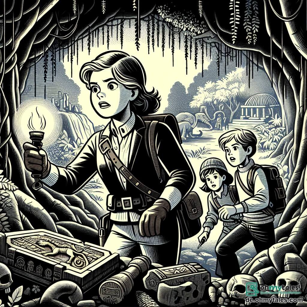 Une illustration destinée aux enfants représentant une courageuse archéologue femme explorant une mystérieuse grotte avec un garçon et une fille, entourés d'antiques artefacts, dans une forêt dense et mystique.