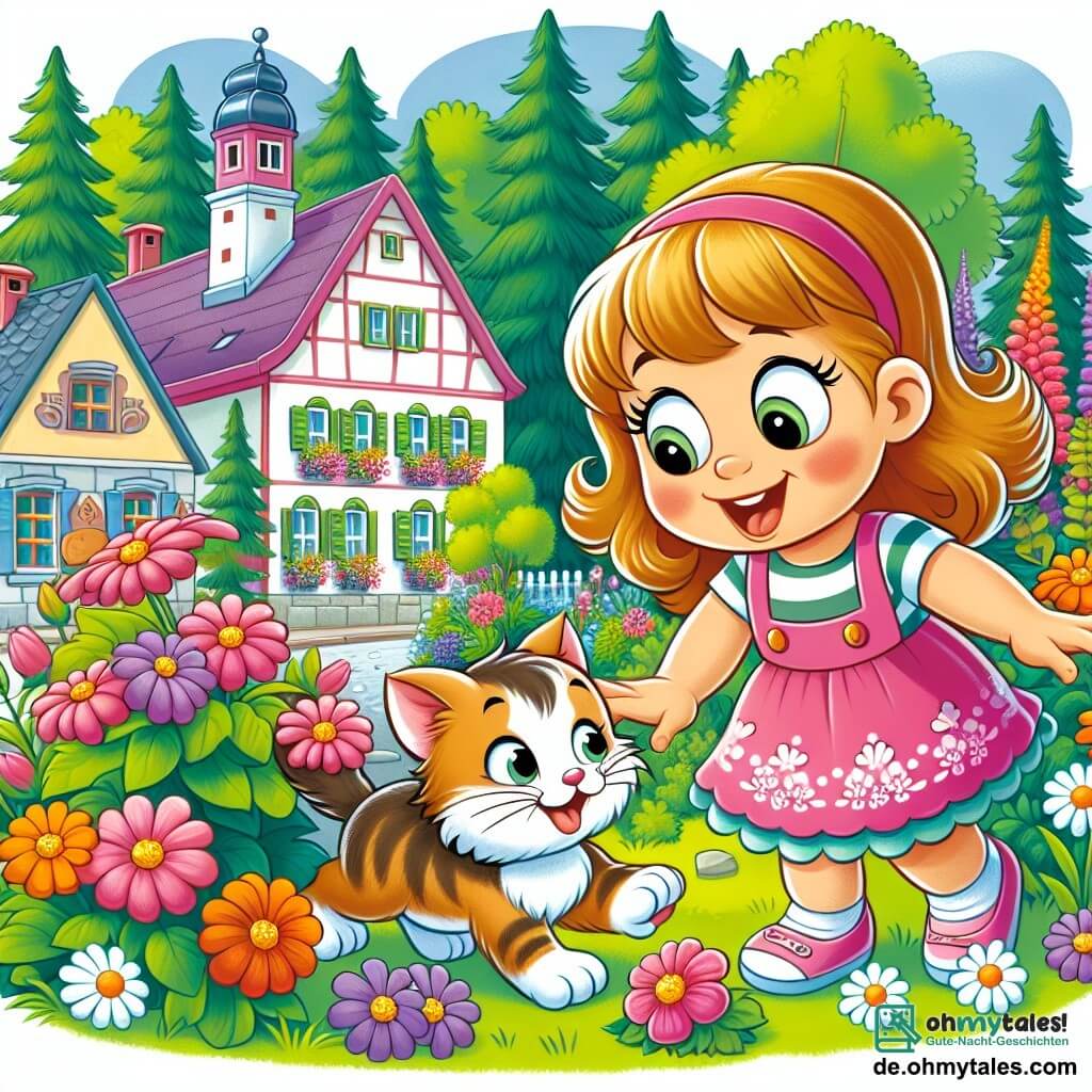 Une illustration destinée aux enfants représentant une fillette pleine d'énergie découvrant un nouveau compagnon, un adorable chaton, dans le charmant petit village de Hügeldorf, entouré de fleurs colorées et de grands arbres verdoyants.