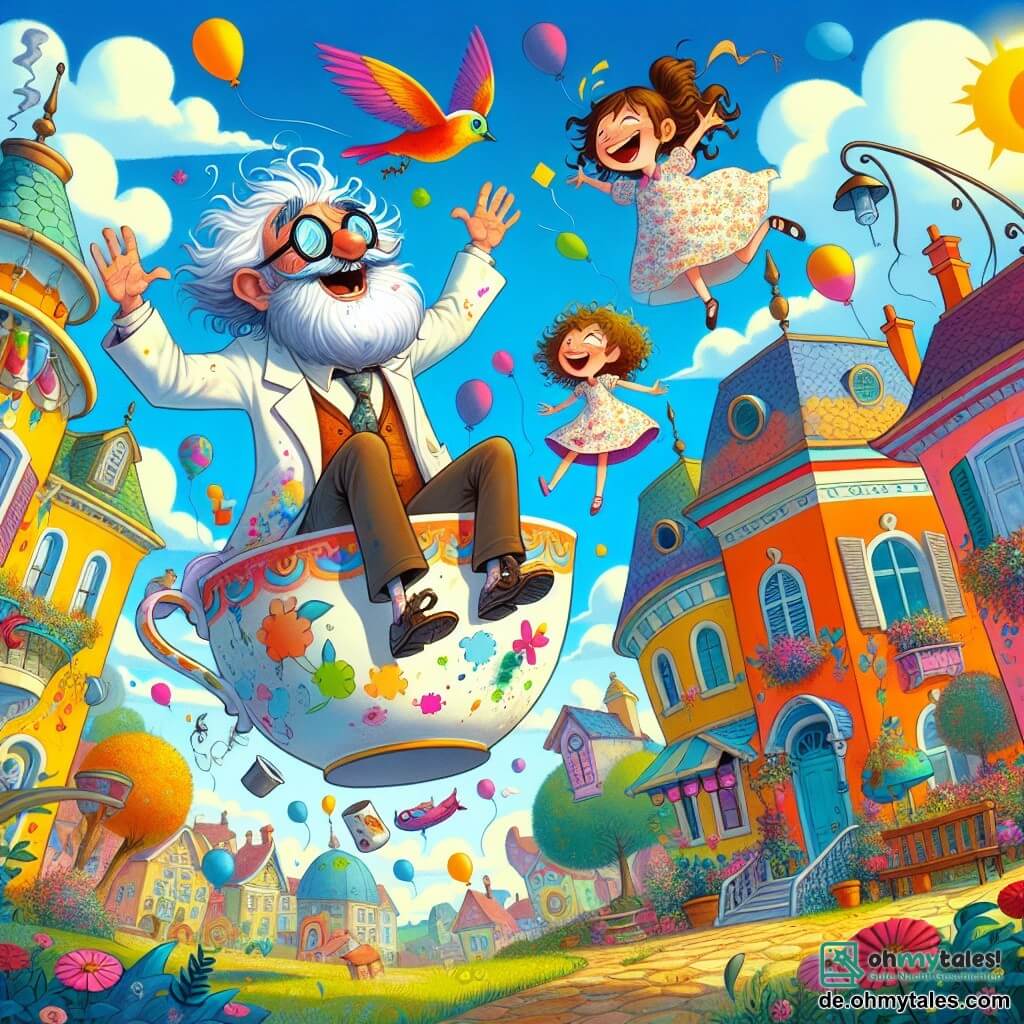 Illustration destinée aux enfants représentant un village coloré et ensoleillé, avec des maisons aux façades vives, des jardins fleuris et un ciel bleu parsemé de nuages moelleux. Au centre, un homme aux cheveux ébouriffés et à la grande barbe blanche, portant une blouse de laboratoire pleine de taches de peinture, est assis dans une tasse géante qui vole dans les airs, les yeux écarquillés de joie. À ses côtés, une petite fille aux cheveux bouclés et aux lunettes rondes, vêtue d'une robe à fleurs, lève les bras en riant, tandis qu'un oiseau coloré, avec des plumes éclatantes, vole autour d'eux, ajoutant une touche de magie à la scène. L'ensemble dégage une atmosphère d'aventure et de créativité, avec des ballons flottants et des éclats de rire qui remplissent l'air.