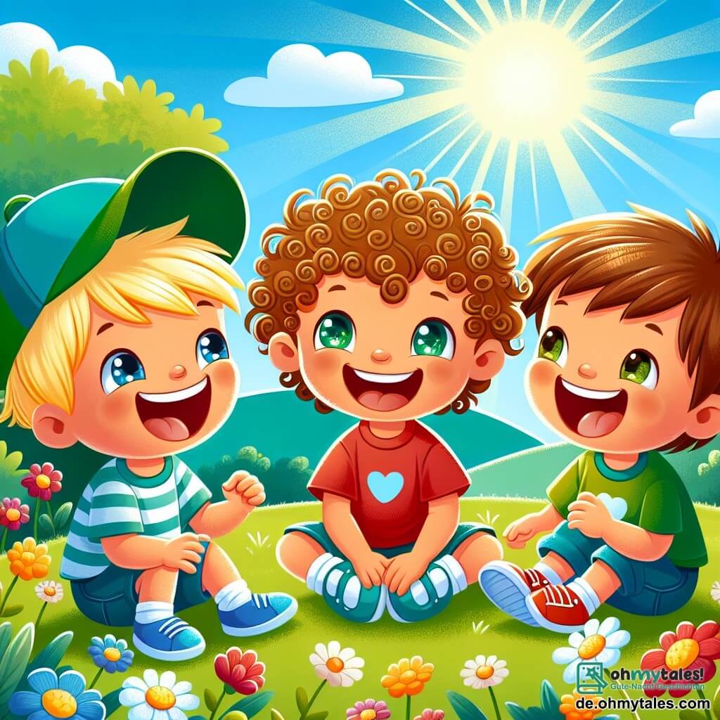 Une illustration sous forme de dessin destinée aux enfants représentant un parc ensoleillé avec des fleurs colorées et un ciel bleu, où un garçon de 5 ans aux cheveux bouclés et aux yeux pétillants, vêtu d'un t-shirt rouge et d'un short bleu, est assis dans l'herbe en train de rire avec un autre garçon de 5 ans, aux cheveux blonds et aux yeux verts, qui porte une casquette verte, tandis qu'un troisième garçon de 5 ans, aux cheveux bruns et aux yeux marron, se joint à eux avec un grand sourire, tous trois partageant un moment de joie et d'amitié en jouant ensemble et en tissant des liens.
