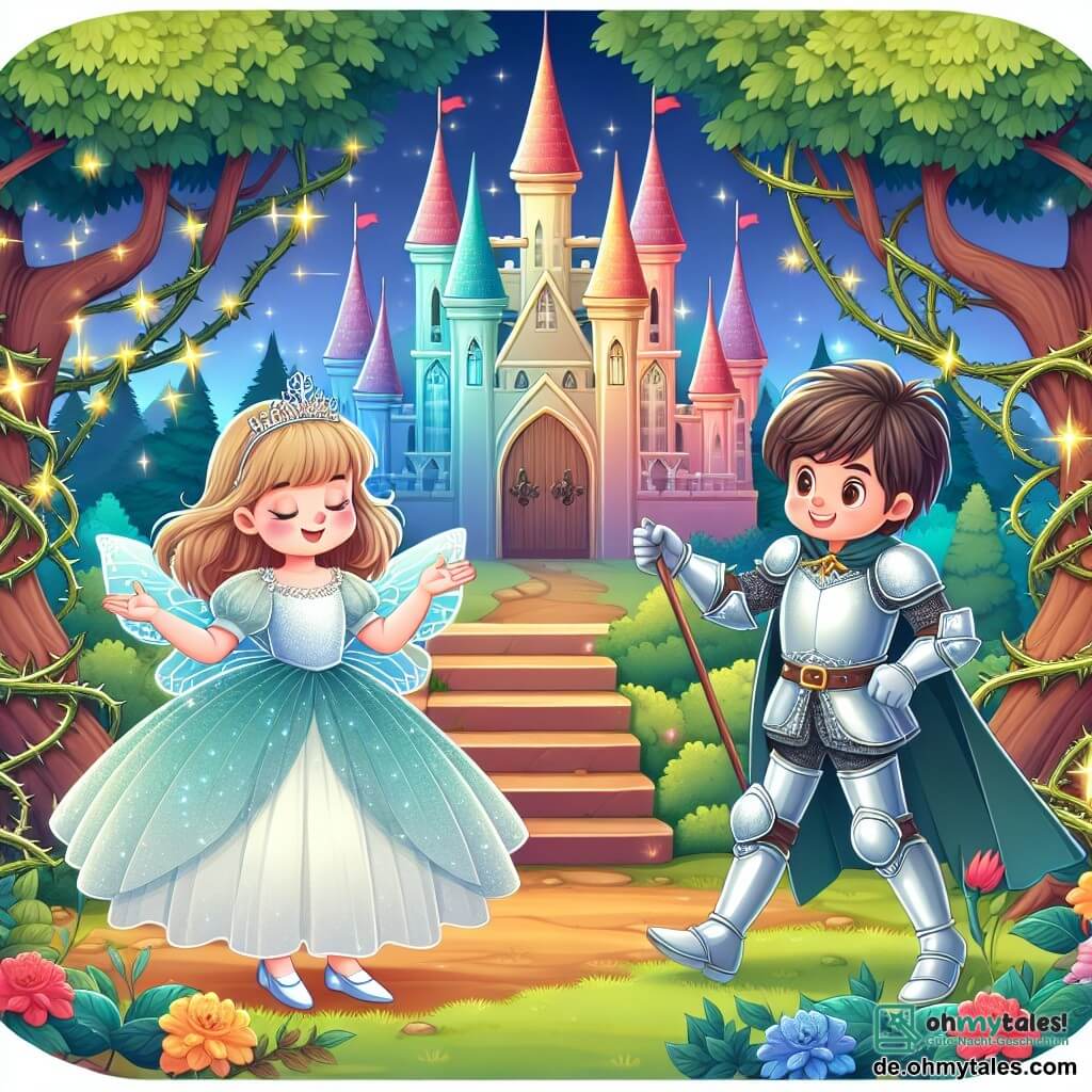Une illustration destinée aux enfants représentant une jeune fille endormie depuis des siècles, entourée de mystérieux dornes qui protègent le château magique, tandis qu'un courageux jeune prince, vêtu d'une armure étincelante, s'approche avec détermination pour briser le sortilège, dans un royaume enchanté aux couleurs chatoyantes et aux arbres majestueux.