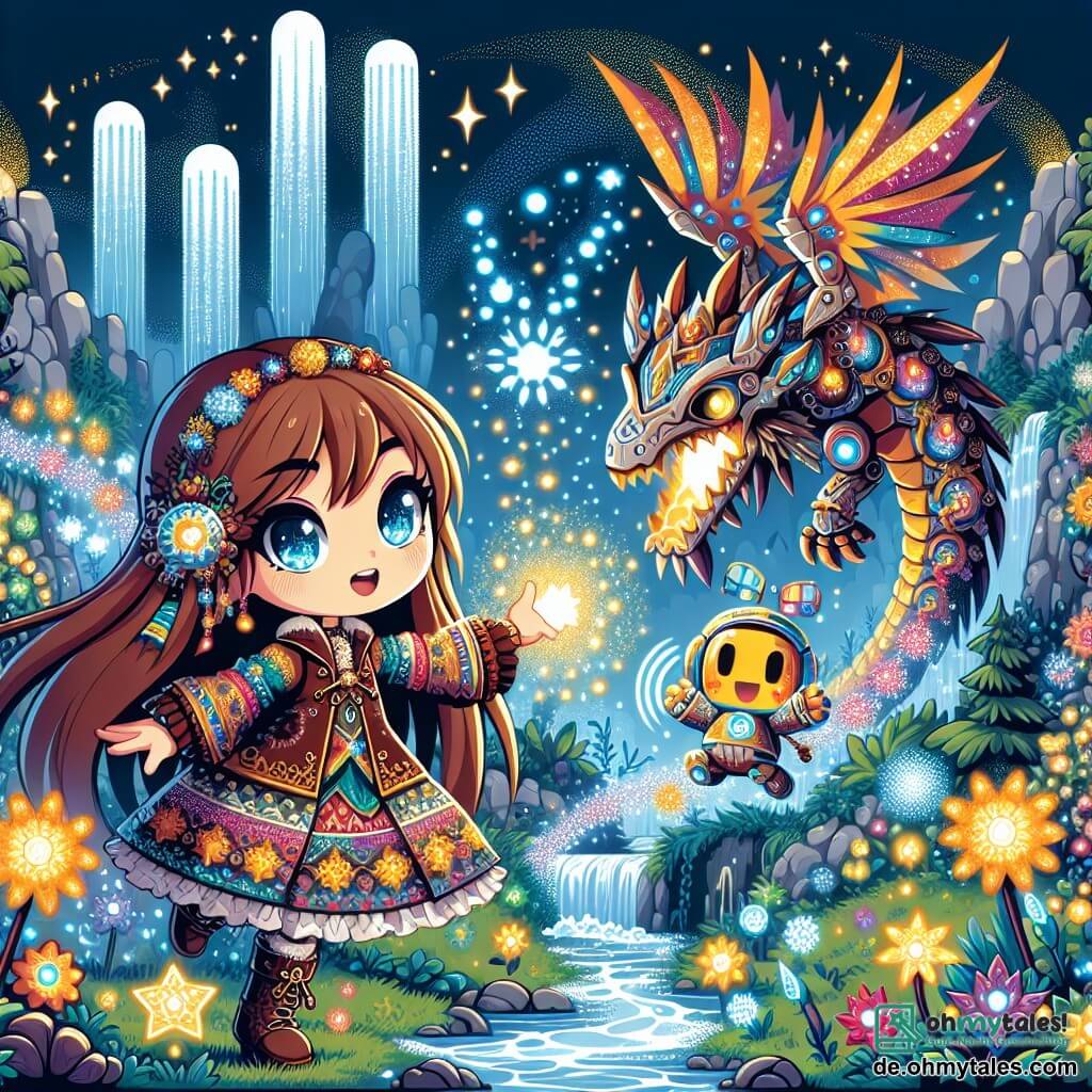 Une illustration sous forme de dessin destinée aux enfants représentant un paysage féerique du Verborgene Tal, avec des plantes luminescentes et des cascades scintillantes, où une fille de 11 ans aux longs cheveux châtain et aux yeux pétillants, vêtue d'une tunique colorée, utilise sa magie pour créer des éclairs lumineux autour d'elle, tandis qu'un petit robot aux lumières clignotantes, flottant à ses côtés, l'encourage avec des sons joyeux, alors qu'ils font face à un immense dragon mécanique aux écailles brillantes, symbolisant le conflit entre la magie et la technologie.
