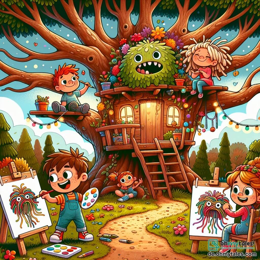 Eine Illustration zeigt einen alten und charmanten Baum, dessen weit ausladende Äste einen wunderschönen natürlichen Unterschlupf bilden. Der Boden ist mit bunten Blättern und leuchtenden Blumen bedeckt, während ein kleiner gewundener Weg zu einem Holzbaum führt, der mit funkelnden Lichtern geschmückt ist. Im Vordergrund sitzt ein etwa 8-jähriger Junge mit zerzausten braunen Haaren und einem großen Lächeln auf einem wackeligen Stuhl, in der Hand einen Pinsel und eine Palette mit lebhaften Farben. Neben ihm steht ein 9-jähriges Mädchen mit geflochtenen blonden Haaren und einer Brille, das stolz ihr Bild eines fliegenden Monsters mit großen Flügeln und einem lustigen Gesicht zeigt. Ein weiterer Junge, 7 Jahre alt, mit roten Haaren und Sommersprossen, sitzt auf dem Boden und zeichnet ein Spaghetti-Monster, während er lauthals lacht. Schließlich hockt ein 6-jähriges Mädchen mit lockigem Haar und einem bunten Kleid, hält einen Buntstift und fügt Details zu ihrem Bild eines Zuckerstangenmonsters hinzu. Die Szene strahlt eine fröhliche und kreative Atmosphäre aus, in der die Kinder Spaß daran haben, ihre einfallenden Monster zu zeichnen, umgeben von Lachen und Freundschaft. Bunte Farbtupfer und amüsante Sprechblasen schweben um sie herum und verdeutlichen ihre Begeisterung und Freundschaft.