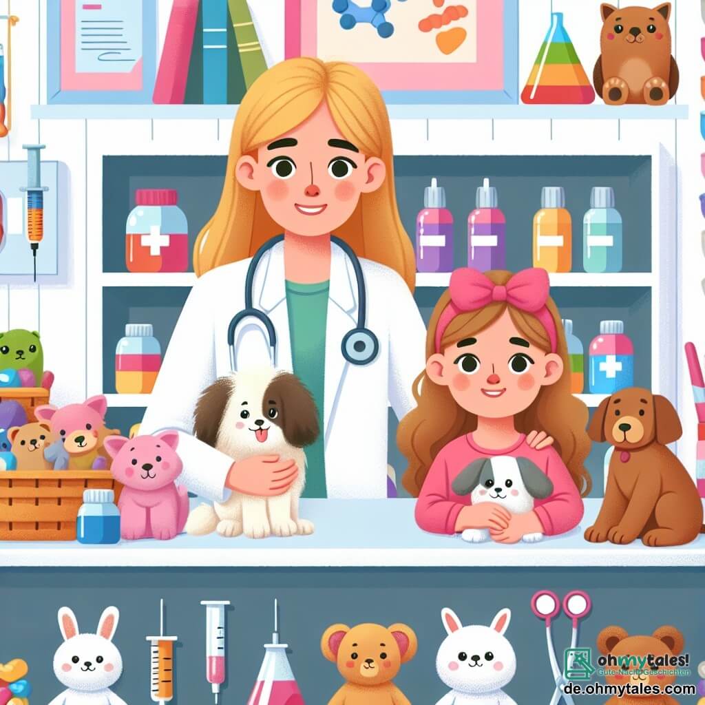 Une illustration destinée aux enfants représentant une jeune femme vétérinaire, une petite fille et ses animaux de compagnie dans une salle de consultation colorée et chaleureuse, remplie d'instruments médicaux et de peluches.