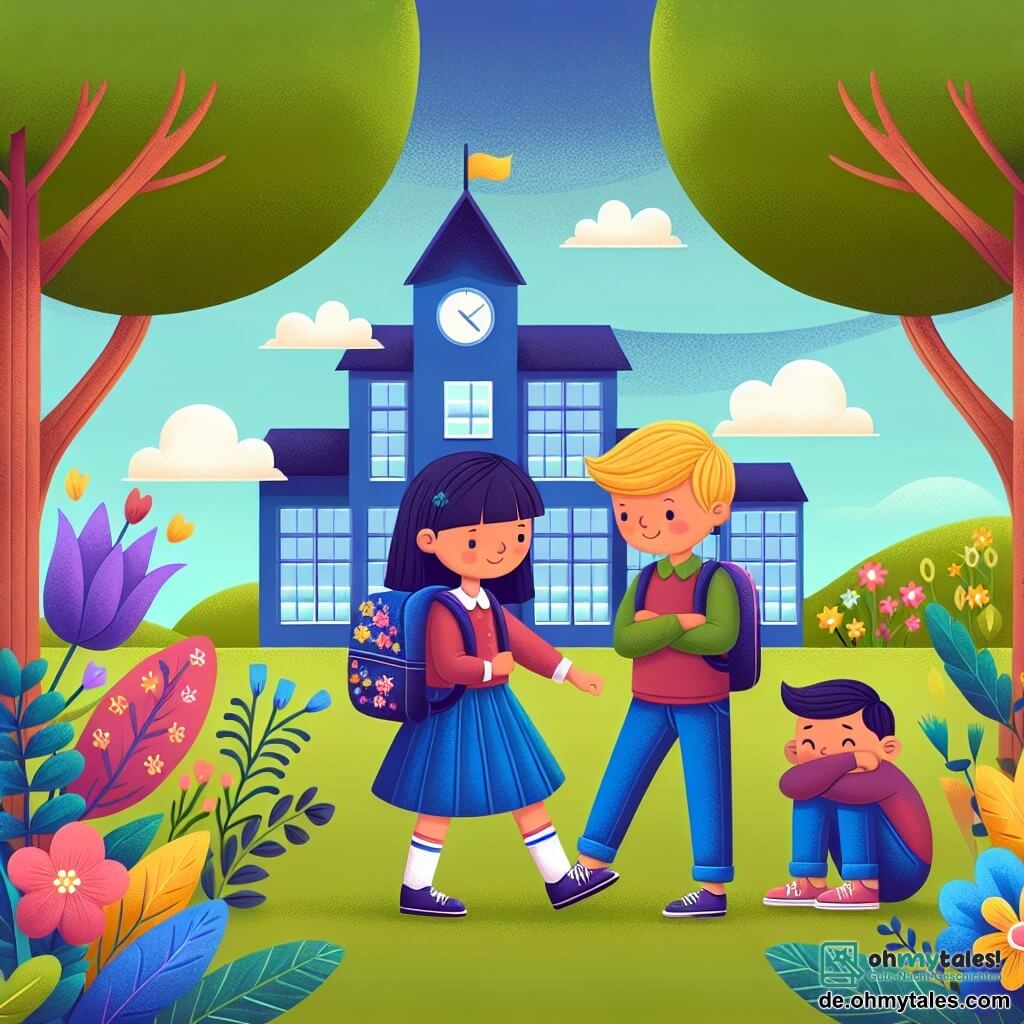 Une illustration destinée aux enfants représentant une jeune fille courageuse confrontée au harcèlement scolaire, soutenue par un garçon timide, dans une école colorée et chaleureuse entourée de fleurs et d'arbres.