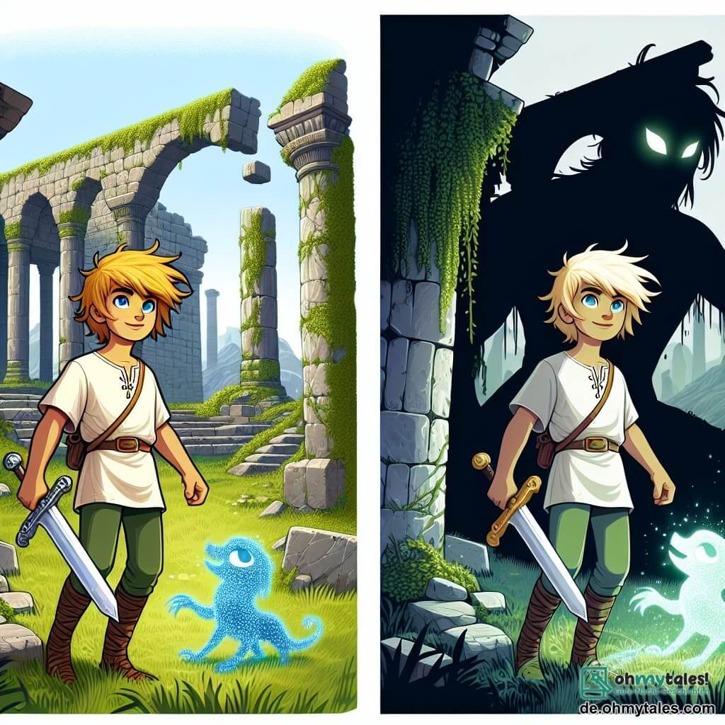 Une illustration sous forme de dessin destinée aux enfants représentant un ancien temple en ruines, envahi par la végétation, où un jeune homme blond aux yeux brillants, vêtu d'une tunique simple et tenant un épée, se tient courageusement face à des ombres menaçantes, tandis qu'une petite créature lumineuse, un esprit de l'eau aux écailles scintillantes, flotte à ses côtés, l'encourageant dans sa quête pour retrouver un artefact magique afin de restaurer l'équilibre entre les mondes.