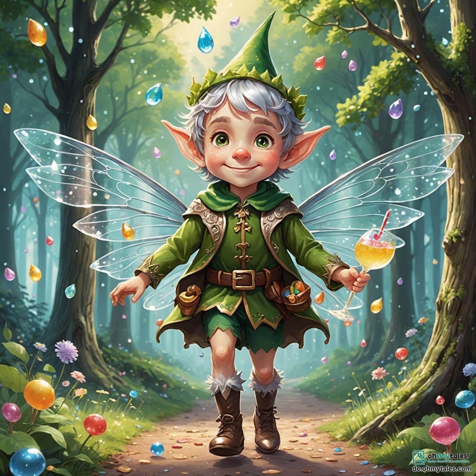 Une illustration destinée aux enfants représentant un petit elfe espiègle aux ailes scintillantes comme des gouttes de rosée, avec des cheveux en désordre et un sourire malicieux, se faufilant à travers un Glitzerwald enchanteur, où les arbres majestueux aux troncs argentés s'élèvent vers un ciel pastel parsemé de nuages en forme de bonbons, tandis qu'il concocte un plan farfelu pour mélanger un mystérieux zaubertrank avec de la limonade pétillante, accompagné de son meilleur ami, un drôle de petit witzel au chapeau tordu qui trébuche sur ses propres pieds, tous deux entourés de fleurs éclatantes et de créatures rigolotes qui dansent au rythme d'une mélodie joyeuse.