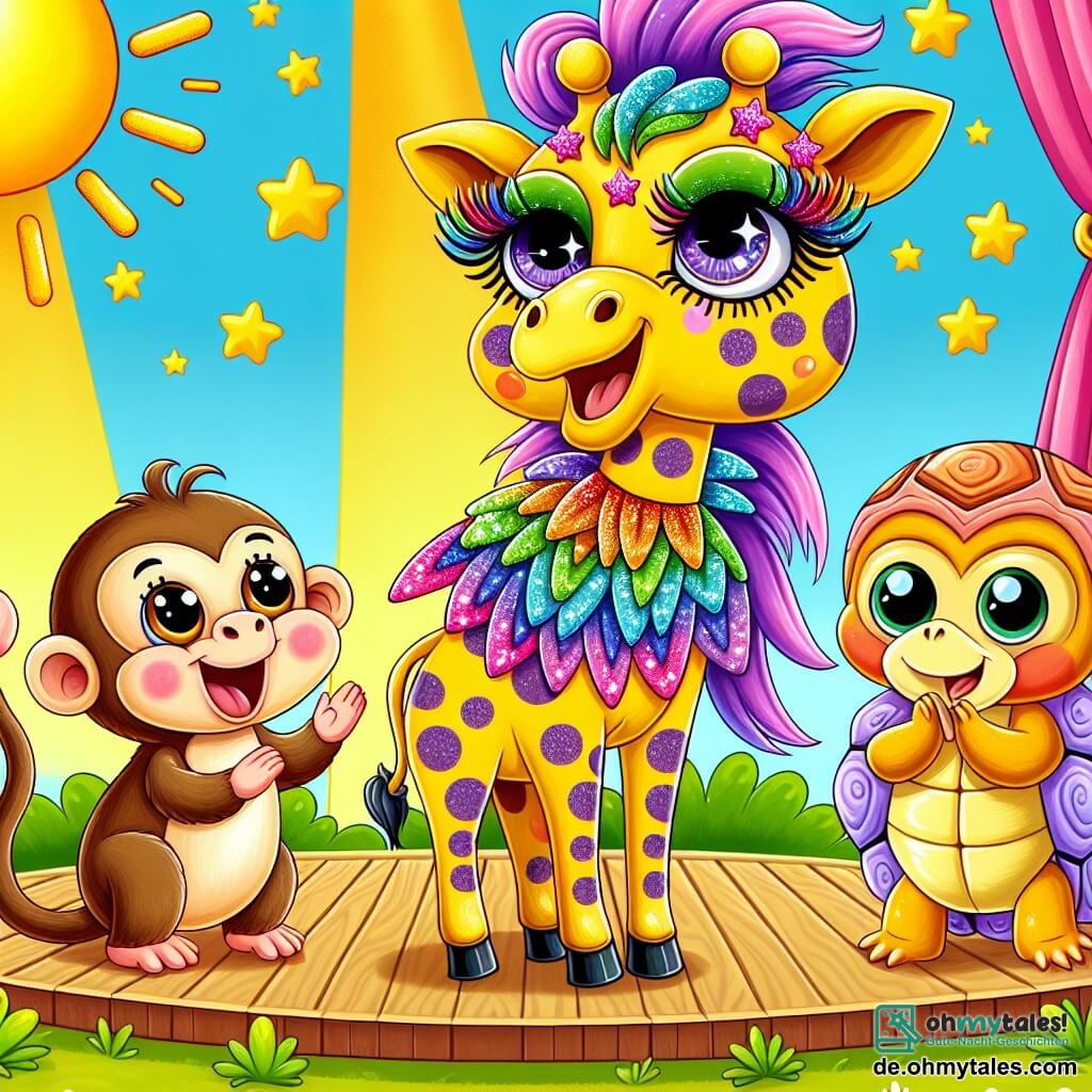 Une illustration sous forme de dessin destinée aux enfants représentant un vibrant et coloré dschungel ensoleillé, avec une girafe aux longs cils ornée de brillants et de bandes multicolores, se tenant fièrement sur une scène en bois, tandis qu'un petit singe espiègle aux yeux pétillants applaudit joyeusement à ses côtés, et une tortue timide aux couleurs pastel observe avec un sourire, le tout capturant l'instant où la girafe se prépare à dévoiler son costume éblouissant lors du grand festival des animaux.