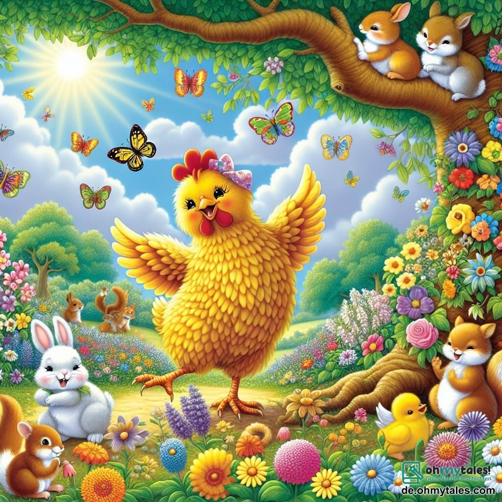 Illustration einer fröhlichen Szene in einem lebhaften und bunten Frühlingsgarten, wo leuchtende Blumen im sanften Wind tanzen. In der Mitte steht ein Huhn mit strahlend gelbem Gefieder, das auf einem Bein tanzt und mit ausgebreiteten Flügeln andere einlädt. Um sie herum beobachten mehrere Garten Tiere, wie ein kleiner Hase mit großen weißen Ohren und ein rotes Eichhörnchen, staunend und lachend, einige klopfen im Takt des Tanzes mit ihren Pfoten. Im Hintergrund spendet eine majestätische alte Eiche Schatten, während ein blauer Himmel mit fluffigen weißen Wolken dieser lebhaften Szene eine friedliche Note verleiht. Bunte Schmetterlinge fliegen herum, und eine zwischen zwei Ästen hängende Blumengirlande sorgt für festliche Stimmung in diesem magischen Moment.