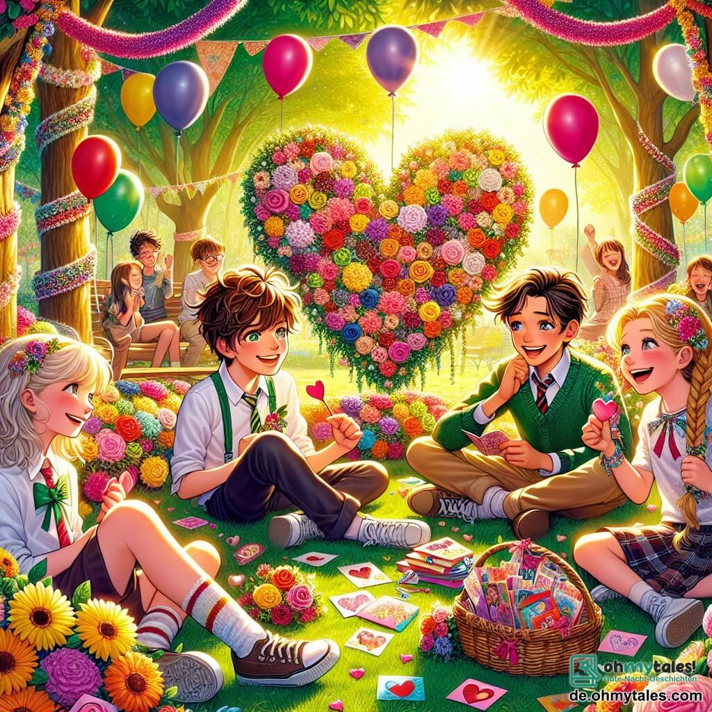 Eine Illustration zeigt einen sonnigen Park, gefüllt mit bunten Blumen und strahlend grünen Bäumen. In der Mitte steht ein großer Herz aus Blumen, dekoriert mit bunten Papiergirlanden, die eine festliche und fröhliche Atmosphäre schaffen. Ein zwölfjähriger Junge mit zerzausten braunen Haaren und einem strahlenden Lächeln sitzt auf dem Gras, umgeben von selbstgemachten Valentinstagskarten. Neben ihm hält ein zwölfjähriges Mädchen mit blonden Zöpfen und funkelnden Augen eine herzförmige Karte, ihr Gesicht strahlt vor Begeisterung. Sie sind von mehreren Freunden umgeben: einem Jungen mit blonden Haaren und einem schelmischen Lächeln, einem Mädchen mit Brille und einem Buch in der Hand sowie Zwillingen mit braunen Haaren, die zusammen lachen. Alle diskutieren fröhlich und teilen Ideen für einen Valentinstagskarten-Wettbewerb. Bunte Ballons schweben in der Luft, und ein großer Korb voller herzförmiger Schokoladen steht neben ihnen und verleiht dieser Szene von Kameradschaft und Teilen einen Hauch von Magie.