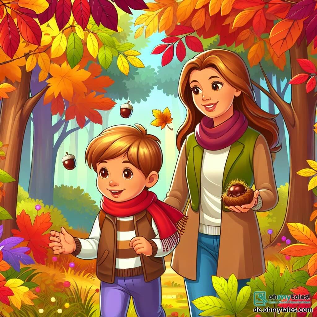 Une illustration destinée aux enfants représentant un petit garçon joyeux, accompagné de sa mère, explorant un bois enchanté aux couleurs d'automne, rempli de feuilles multicolores et de kastanien brillantes.
