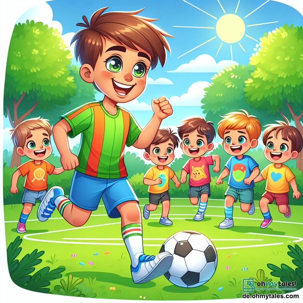 Une illustration sous forme de dessin destinée aux enfants représentant un parc ensoleillé avec des arbres verdoyants et un terrain de football, où un homme joyeux aux cheveux bruns et aux yeux pétillants, vêtu d'un maillot coloré et de shorts, montre aux enfants comment dribbler un ballon de football, tandis qu'un groupe de garçons et de filles aux sourires éclatants, portant des t-shirts variés, court autour de lui, riant et s'amusant, capturant l'esprit de camaraderie et de joie du jeu.