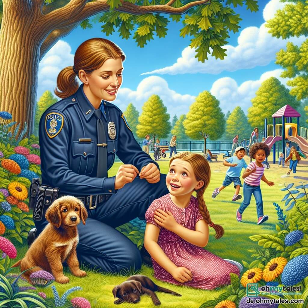 Eine Illustration zeigt eine Szene in einem sonnigen Park, der mit üppigem Grün und bunten Blumen gefüllt ist. In der Mitte spendet eine große Eiche Schatten, während eine Gruppe von Kindern fröhlich auf einem nahegelegenen Spielplatz spielt. 

Die Hauptfigur ist eine Polizistin in ihren Dreißigern mit braunen Haaren, die zu einem Pferdeschwanz gebunden sind. Sie trägt eine marineblaue Uniform mit einem Gürtel, der mit Polizeiwerkzeugen ausgestattet ist. Ihr Gesicht drückt Entschlossenheit und Freundlichkeit aus, während sie sich hinunterbeugt, um mit einem kleinen Mädchen neben ihr zu sprechen.

Das kleine Mädchen, etwa sechs Jahre alt, hat lange blonde Haare und trägt ein rosa gepunktetes Kleid. Ihre Augen sind voller Tränen, aber ihr Blick erhellt sich voller Hoffnung, während sie der Polizistin zuhört. Zu ihren Füßen sitzt ein kleiner brauner Hund mit hängenden Ohren, der fröhlich ist und mit dem Schwanz wedelt, bereit, seinen Weg zurückzufinden.

Die Hauptsituation zeigt die Polizistin, die das kleine Mädchen tröstet, das seinen Hund verloren hat, und ihr verspricht, ihr zu helfen, ihn zu finden. Bunte Ballons schweben in der Luft, und andere Kinder haben im Hintergrund Spaß, was dieser emotionalen Szene eine fröhliche Note verleiht.
