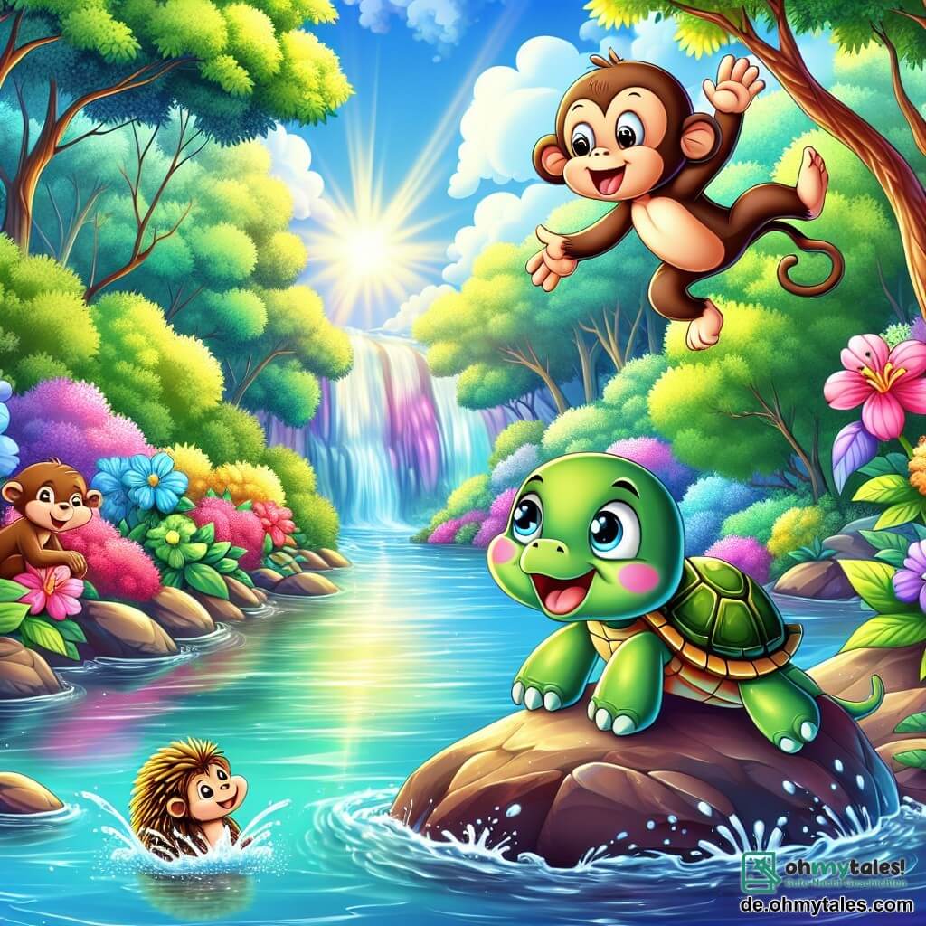 Illustration einer magischen Szene am Ufer eines wunderschönen Flusses in schillernden Farben, wo das Wasser wie Diamanten in der Sonne funkelt. Im Hintergrund umgeben große Bäume mit üppigem Laub und leuchtenden Blumen in allen Farben den Ort und schaffen eine fröhliche, verspielte Atmosphäre. Im Vordergrund steht eine kleine Schildkröte mit glänzend grünem Panzer und funkelnden Augen auf einem Felsen, die mit erhobenen Pfoten bereit ist, ins Wasser zu tauchen. Sie zeigt ein breites Lächeln, ihre rosigen Wangen verraten ihre Begeisterung für das Abenteuer. Neben ihr schwingt ein junger Affe mit braunem Fell und großen Ohren, der schelmisch aussieht, von Ast zu Ast und lacht, während er die Schildkröte ermutigt, in den Fluss zu springen. Weiter entfernt beobachtet ein kleiner Igel mit goldenen Stacheln neugierig die Szene, seine runden Augen voller Staunen. Die Hauptsituation zeigt die mutige Schildkröte, die bereit ist, einen kühnen Sprung in den bunten Fluss zu machen, während ihre Freunde sie fröhlich anfeuern. Wasserspritzer und schwebende Blasen verleihen der Illustration eine dynamische Note und fangen den Geist von Abenteuer und Freundschaft ein, der in dieser verzauberten Szene herrscht.