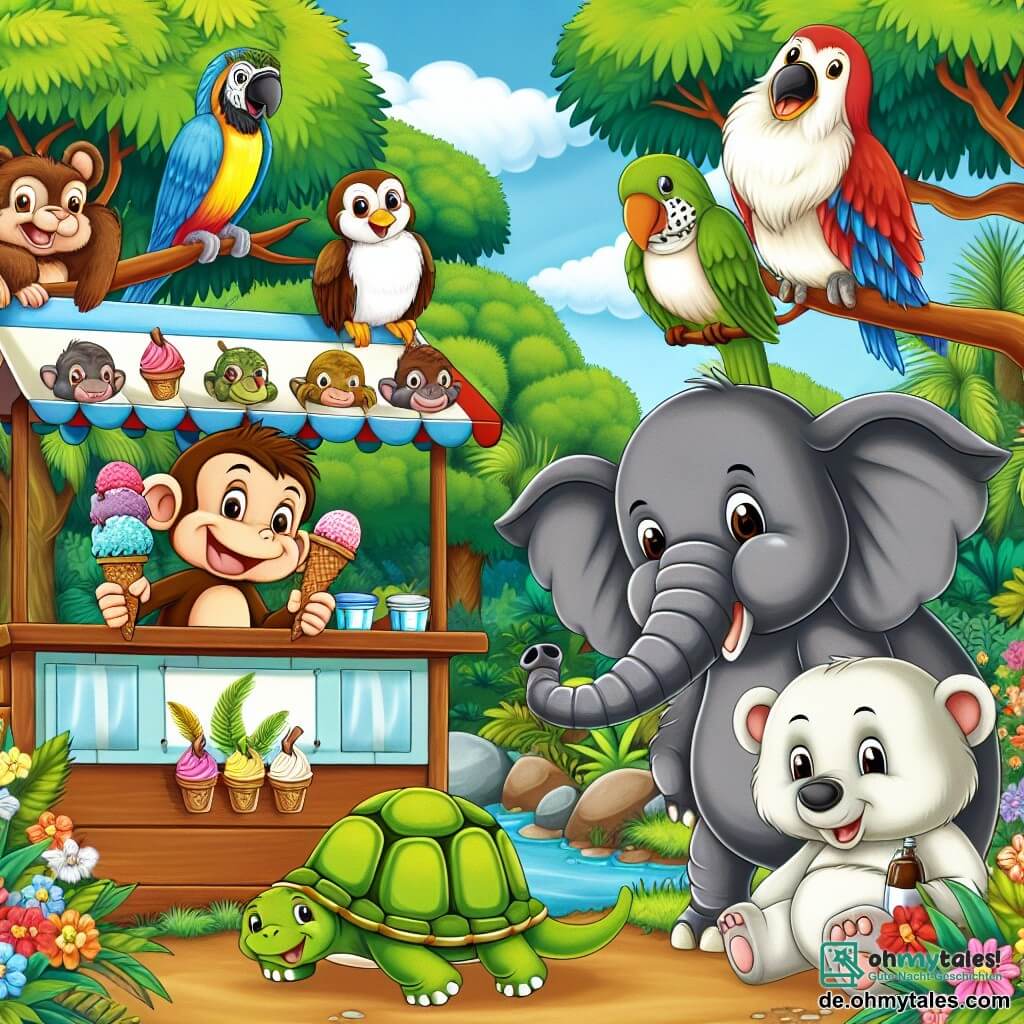 Une illustration destinée aux enfants représentant un jeune singe malicieux organisant un stand de glaces avec ses amis animaux, dont une tortue fille, un éléphant garçon, un papagei garçon et un ours polaire garçon, dans un joli coin du jungle avec des arbres luxuriants et des fleurs colorées.