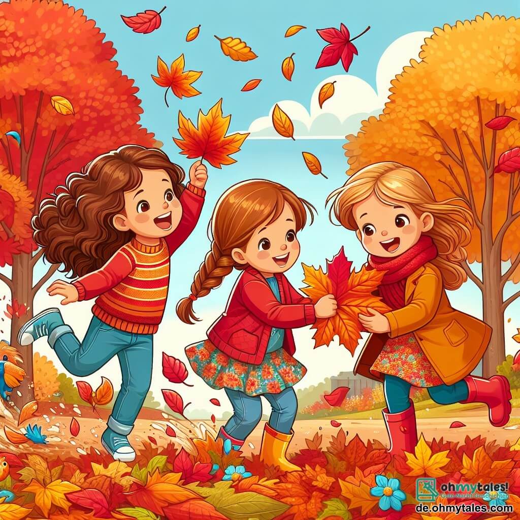 Illustration eines Parks im Herbst, mit Bäumen, deren Blätter in leuchtenden Rot-, Orange- und Gelbtönen strahlen. Der Boden ist mit einem Teppich aus knisternden Blättern bedeckt, und der Himmel ist hellblau mit einigen weißen Wolken. Im Mittelpunkt der Szene stehen drei kleine Mädchen, etwa 6 Jahre alt. Das erste Mädchen mit braunen, lockigen Haaren trägt einen roten Pullover und Jeans. Sie lächelt fröhlich und hält ein großes rotes Blatt in den Händen. Das zweite Mädchen mit geflochtenen blonden Haaren trägt eine gelbe Jacke und einen Blumenrock. Sie beugt sich, um ein glänzendes gelbes Blatt aufzuheben. Das dritte Mädchen mit glatten, kastanienbraunen Haaren trägt einen orangefarbenen Mantel und Gummistiefel. Sie springt in einen Haufen Blätter und spritzt Blätter um sich herum. Die Hauptsituation zeigt die Mädchen, die zusammen lachen und spielen, umgeben von gefallenen Blättern, und schafft einen Moment der Freude und Kameradschaft im Herzen des Herbstes. Bunte Vögel fliegen am Himmel, und ein neugieriges kleines Eichhörnchen beobachtet die Mädchen von einem Ast aus.