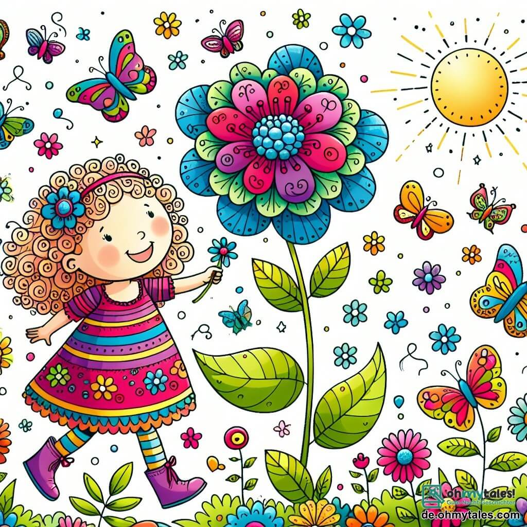 Une illustration destinée aux enfants représentant une fille curieuse et pleine de vie, accompagnée d'une Zauberblume magique, dans un jardin ensoleillé rempli de couleurs vives et de papillons dansants.