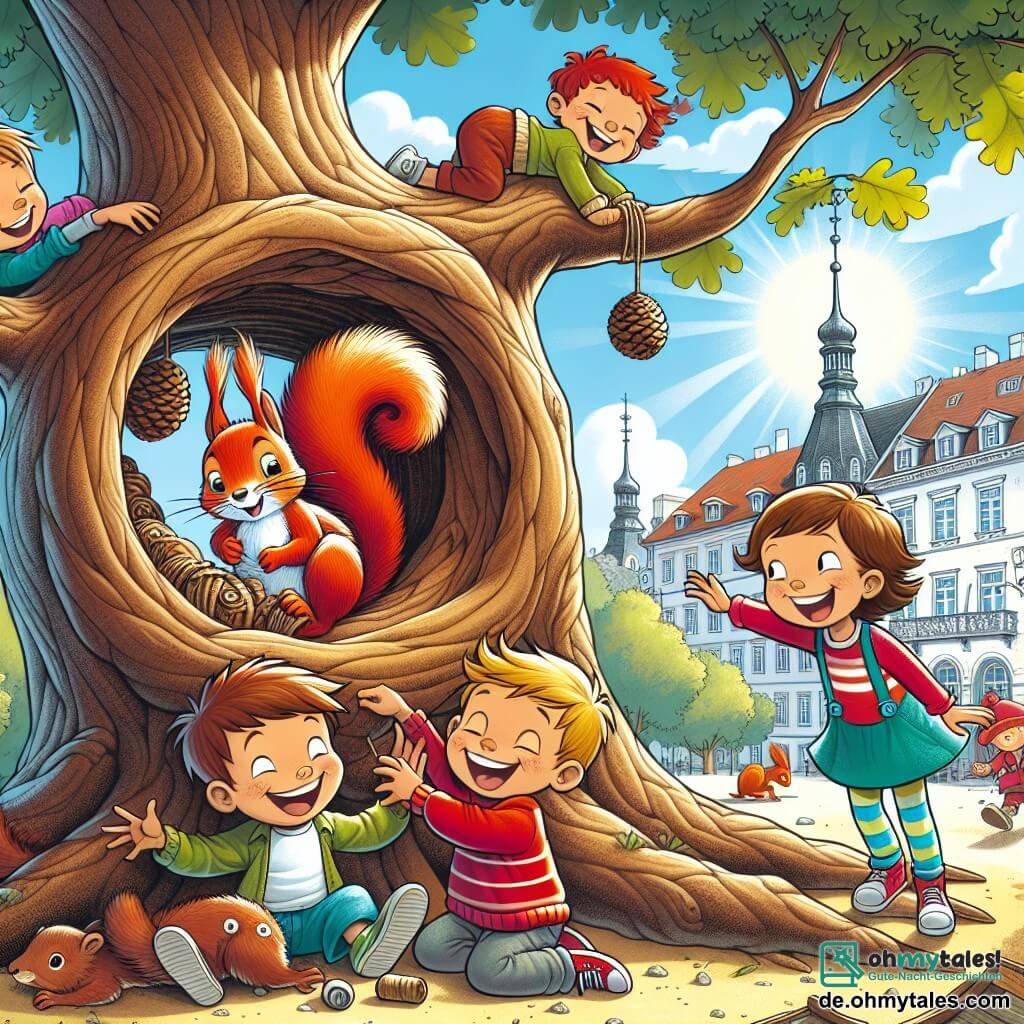 Une illustration destinée aux enfants représentant un petit garçon malicieux et ses amis, dont une fille et deux garçons, construisant un joyeux et coloré arbre à l'intérieur d'une vieille et majestueuse chêne, avec un charmant écureuil roux endormi sur une branche à côté d'eux, dans le paisible parc ensoleillé de la ville de Sonnenberg.