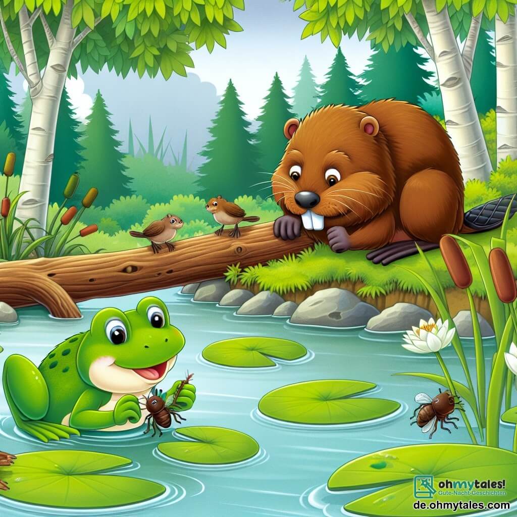 Une illustration destinée aux enfants représentant une petite grenouille verte, un garçon, qui cherche des insectes pour son petit-déjeuner, accompagné d'un gros castor brun, un garçon, bloquant un étang avec un énorme barrage de branches, dans un paisible étang entouré de nénuphars et de roseaux dans la forêt de Grünwies.
