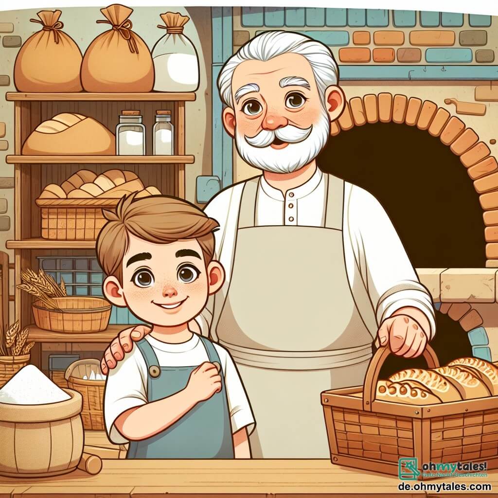 Une illustration destinée aux enfants représentant un boulanger chaleureux et bienveillant, accompagné de son fils curieux et enthousiaste, dans une boulangerie pittoresque remplie de sacs de farine, de bols de pâte et d'un grand fourneau en briques rouges.