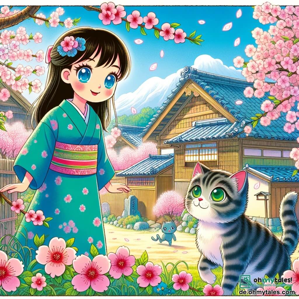 Une illustration destinée aux enfants représentant une jeune femme aux yeux bleus étincelants, rencontrant une mystérieuse chatte aux yeux verts lumineux, dans un village japonais pittoresque entouré d'une mer de cerisiers en fleurs.