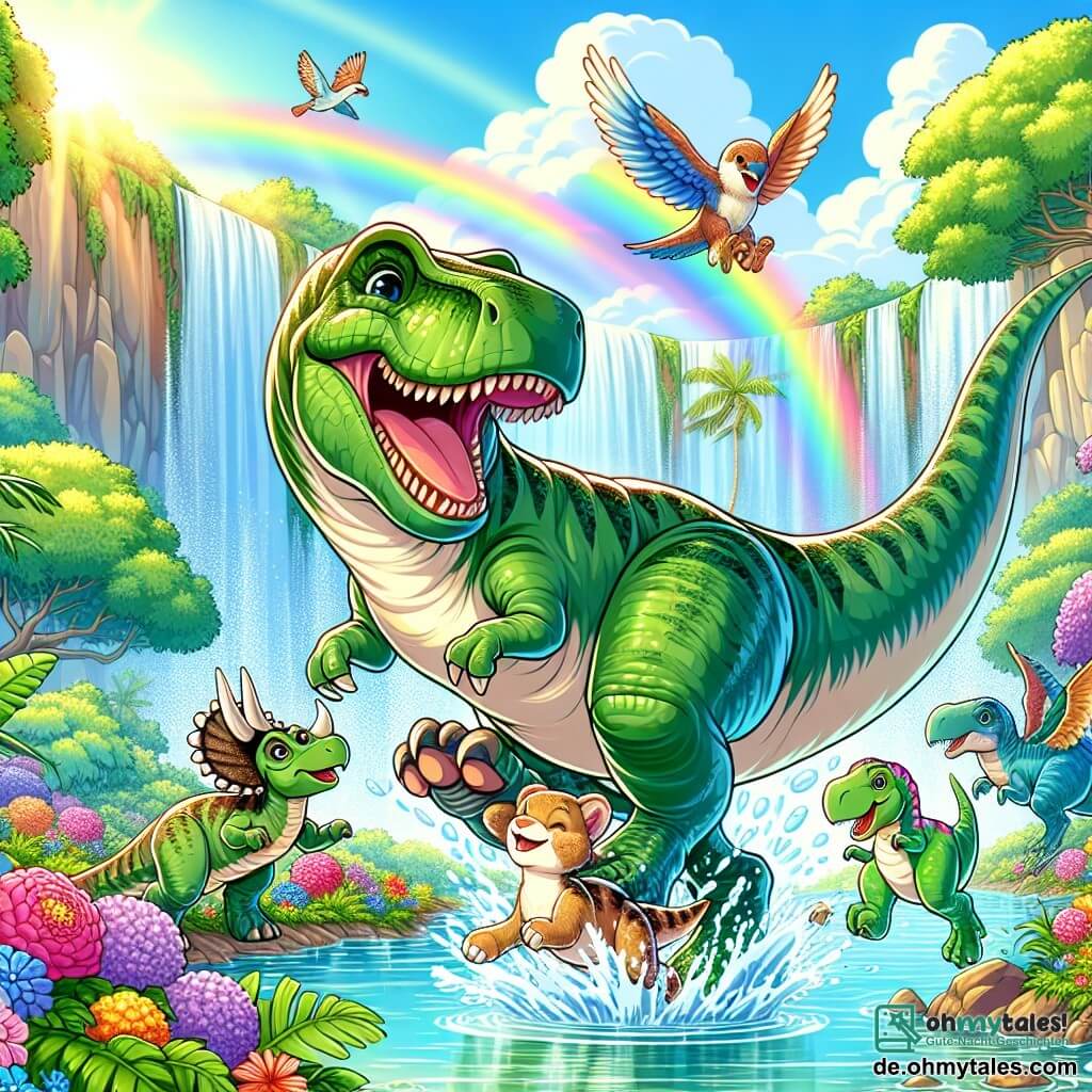 Eine Illustration zeigt einen großen, majestätischen T-Rex mit einem freundlichen Lächeln, glänzenden grünen Schuppen und neugierigen, funkelnden Augen, der fröhlich in einen klaren Teich mit kristallklarem Wasser springt, umgeben von bunten, lebhaften Blumen. An seiner Seite ein kleiner Triceratops mit beiger Haut und zarten Hörnern, der lachend das Wasser aufspritzt, und ein Velociraptor mit bunten Federn, der begeistert herumhüpft. Im Hintergrund stürzt ein prächtiger Wasserfall glitzernd herab und erzeugt einen Regenbogen in der Luft. Die Szene ist erfüllt von Sonnenlicht, das durch die Blätter der üppigen Bäume filtert, während bunte Vögel fröhlich umherfliegen und dieser fröhlichen Abenteuer eine magische Note verleihen.
