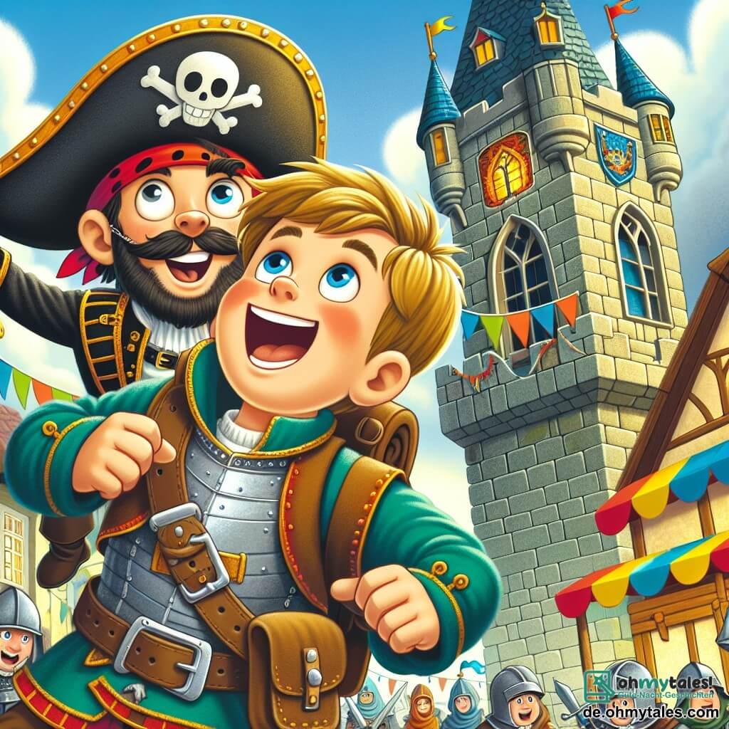 Une illustration destinée aux enfants représentant un garçon enthousiaste en costume de pirate, accompagné de son meilleur ami, un garçon déguisé en chevalier, explorant un vieux et mystérieux tour lors du carnaval coloré de la ville de Buntheim.