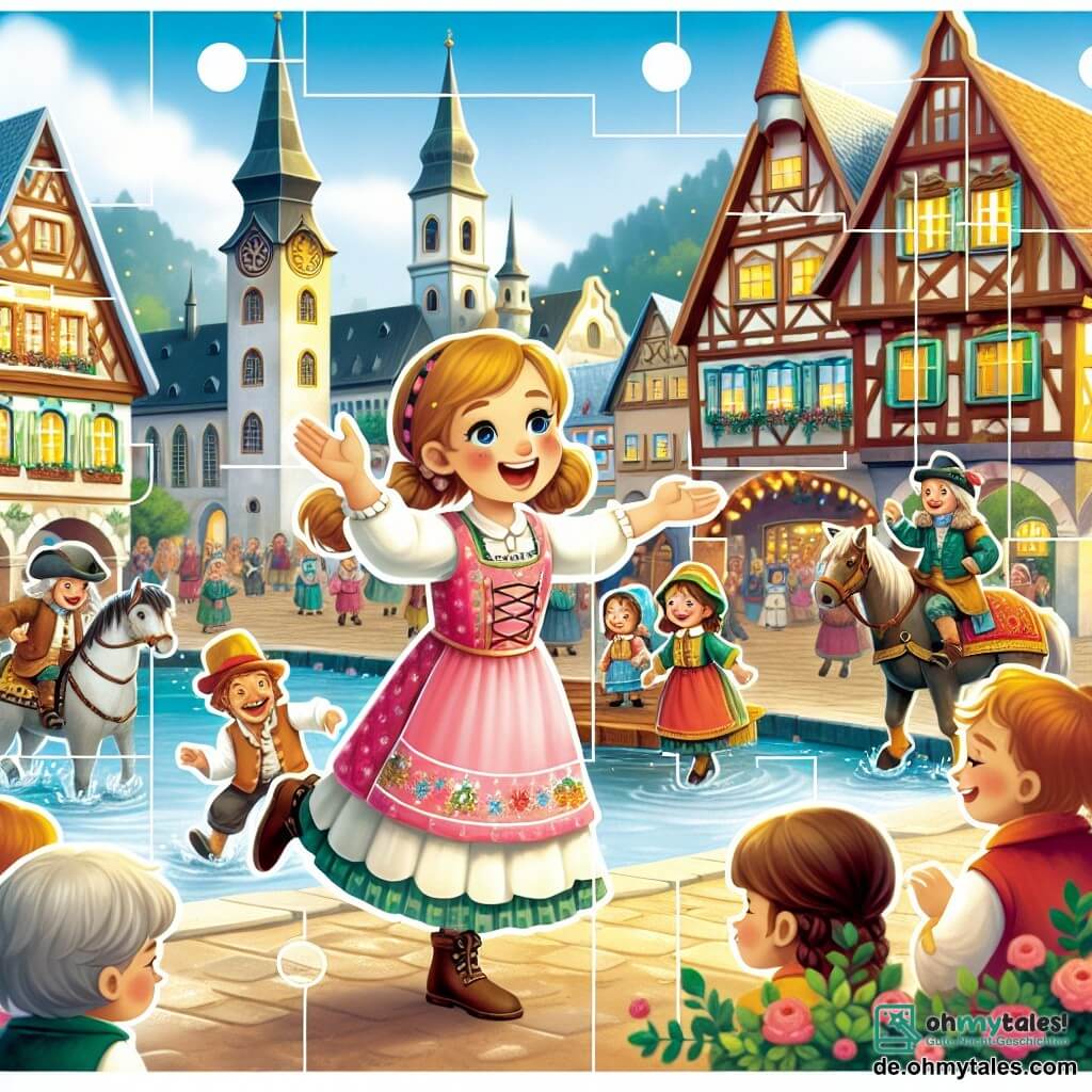 Une illustration destinée aux enfants représentant une fille enthousiaste découvrant un mystérieux carnaval, accompagnée de ses amis, dans la pittoresque ville de Schmetterlingshafen, pleine de rues colorées et de bâtiments anciens.