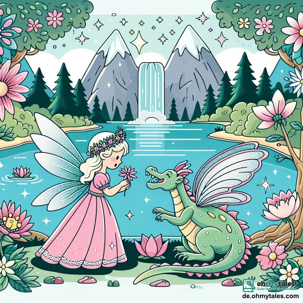 Une illustration destinée aux enfants représentant une fée aux ailes scintillantes découvrant un dragon pleurant au bord d'un lac magique entouré de fleurs parlantes dans un jardin enchanté.