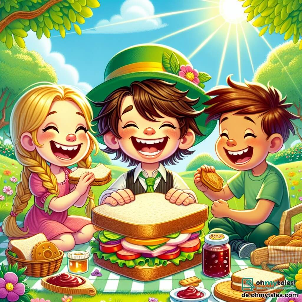 Une illustration sous forme de dessin destinée aux enfants représentant un parc ensoleillé avec des fleurs colorées et des arbres verdoyants, où un garçon de 7 ans aux cheveux bruns en bataille et un grand sourire, tenant un sandwich géant dans ses mains, est entouré de ses deux amis : une fille aux cheveux blonds tressés, riant tout en tenant un pot de confiture, et un garçon timide portant un grand chapeau vert, qui essaie de récupérer un biscuit tombé de son chapeau, le tout dans une ambiance joyeuse et ludique, illustrant leur moment de partage et de rires autour d'un pique-nique amusant.