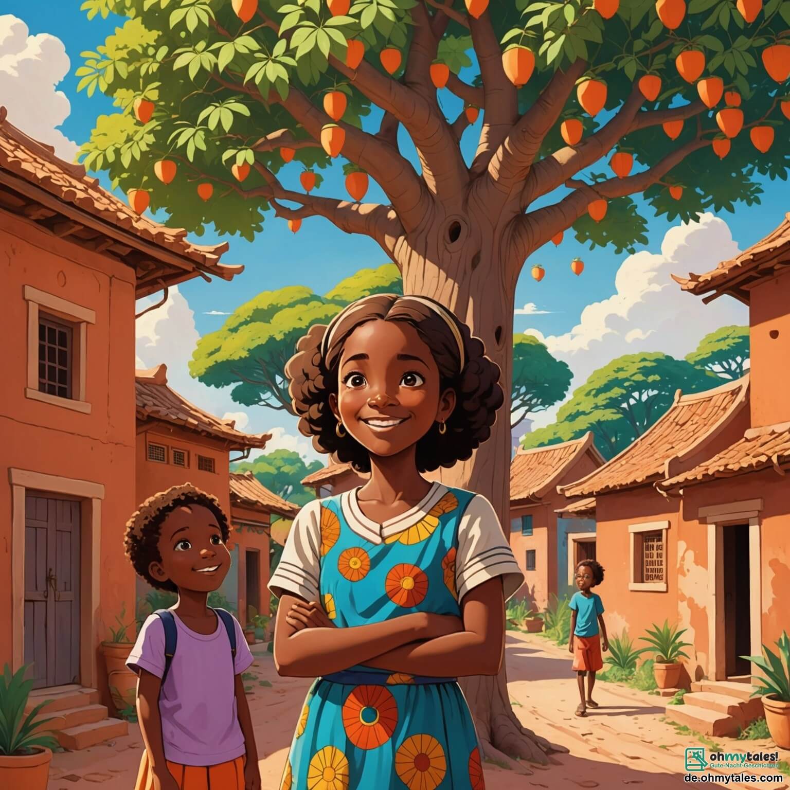 Une illustration destinée aux enfants représentant une femme au sourire éclatant, dont la peau brille comme l'ébène sous le soleil, se tenant au milieu d'un village coloré aux maisons en terre cuite ornées de motifs vibrants, alors qu'elle raconte des histoires aux enfants émerveillés, tandis qu'un petit garçon curieux, aux yeux pétillants, s'approche pour écouter, le tout sous l'ombre d'un grand baobab dont les branches s'étendent comme des bras protecteurs.
