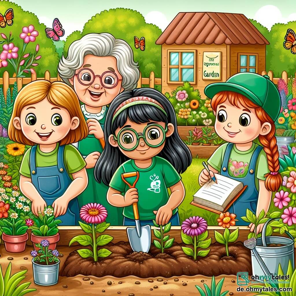 Illustration eines sonnigen Gartens, gefüllt mit bunten Blumen und üppigem Grün, mit einem kleinen Gemüsegarten im Hintergrund. In der Mitte arbeiten vier Mädchen von etwa zwölf Jahren, lächelnd und voller Energie, zusammen. Eine von ihnen, mit braunen Haaren und Brille, trägt ein grünes T-Shirt und hält eine kleine Schaufel, während sie die Erde gräbt. Eine andere, mit lockigen blonden Haaren, trägt eine Mütze und beobachtet eine kleine Pflanze mit Staunen. Die Dritte, mit schwarzen Haaren und einem Zopf, macht sich Notizen in ein Heft, während die Letzte, mit roten Haaren, ein blumiges T-Shirt trägt und eine Wasserflasche hält. Sie sind von bunten Schmetterlingen umgeben und strahlen Freude aus, was ihr Engagement für den Umweltschutz symbolisiert. Im Hintergrund sieht man eine lächelnde alte Dame, die sie stolz beobachtet, und ein Holzschild mit der Aufschrift "Ökologischer Garten".