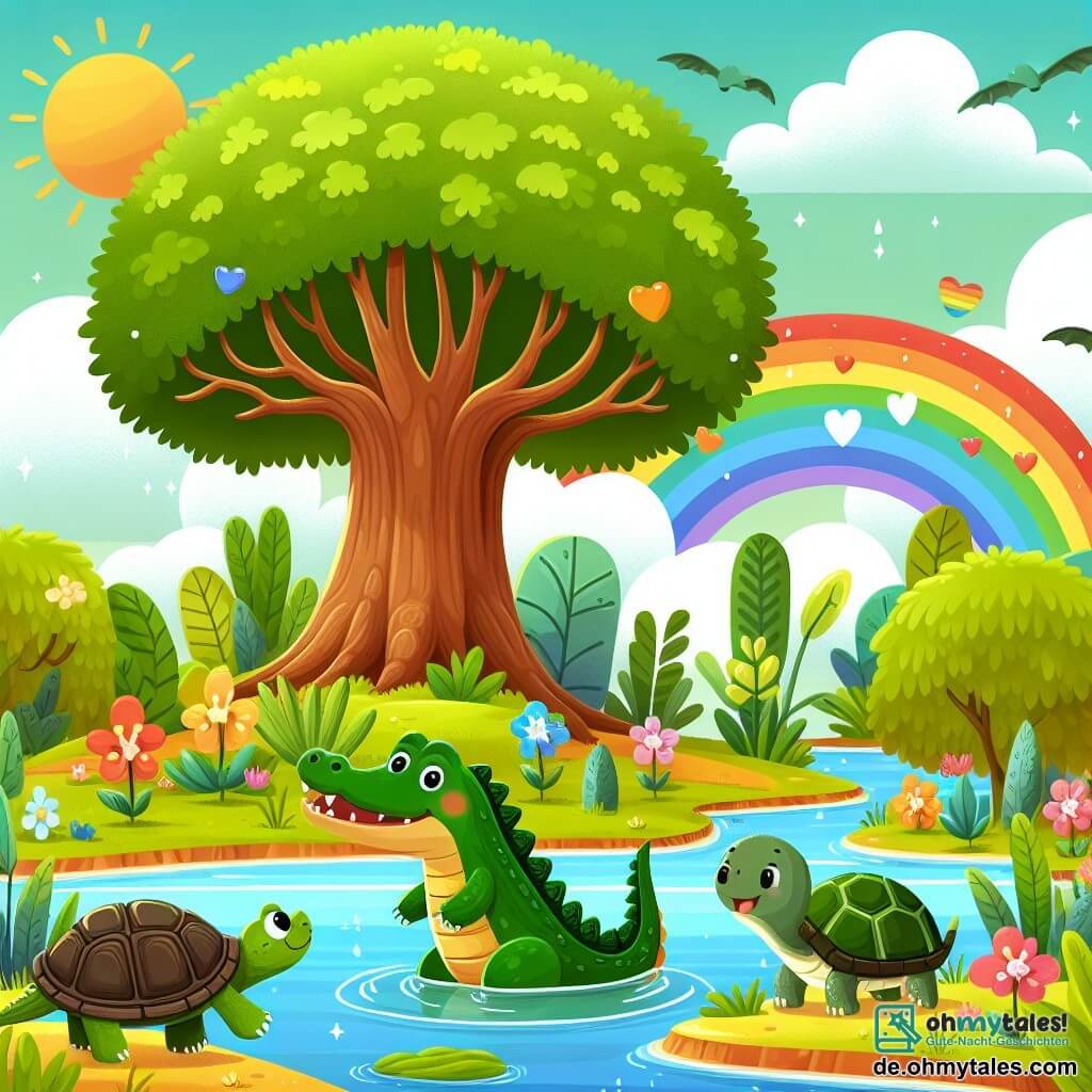Une illustration destinée aux enfants représentant un petit crocodile aventurier, accompagné d'une sage tortue, explorant un jardin luxuriant avec un majestueux arbre arc-en-ciel au centre, dans un marais lumineux et coloré.