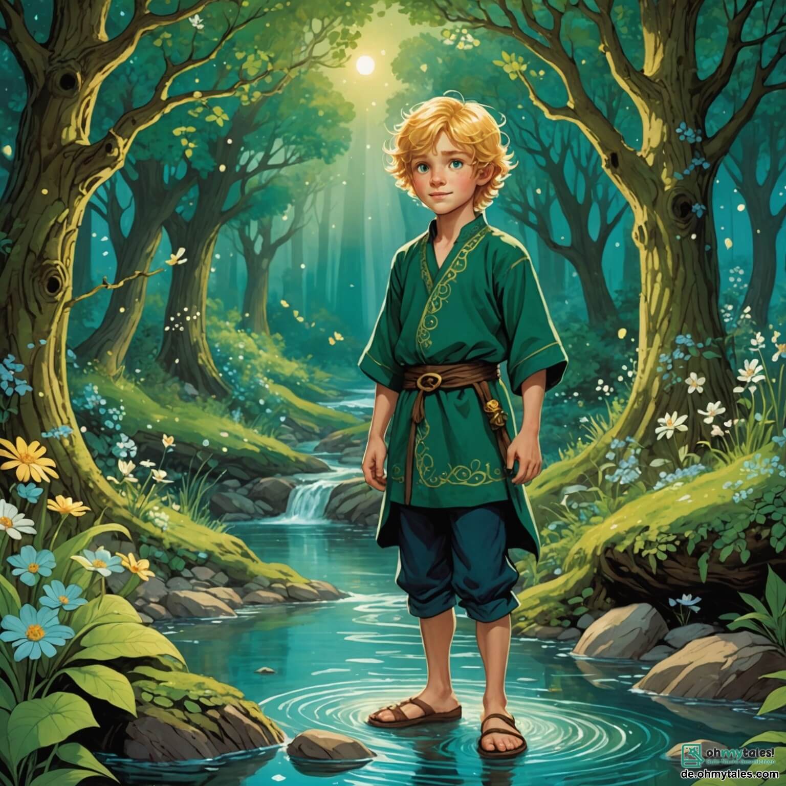Une illustration destinée aux enfants représentant un jeune homme courageux aux cheveux dorés, vêtu d'une tunique en lin vert émeraude, se tenant au bord d'un ruisseau scintillant, entouré de fleurs lumineuses et de grands arbres aux troncs noueux, tandis qu'une petite dragonne aux écailles azurées, blessée mais pleine d'espoir, l'observe avec des yeux brillants, dans un monde enchanteur où la magie danse dans l'air comme des lucioles.
