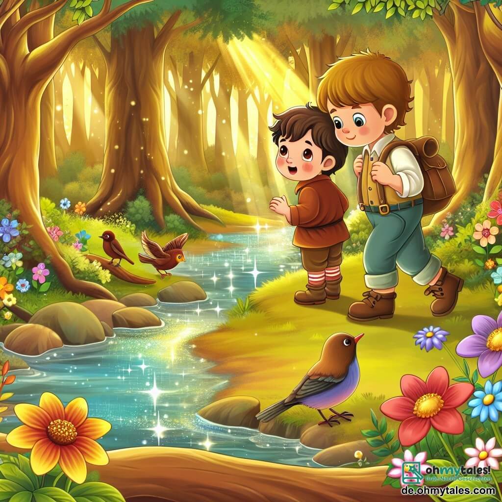 Une illustration destinée aux enfants représentant un garçon curieux explorant un bois enchanté avec son nouvel ami, un garçon aux cheveux bruns, au bord d'un ruisseau scintillant, entouré de fleurs colorées et d'oiseaux chantants, dans une forêt luxuriante baignée de la lumière dorée du printemps.