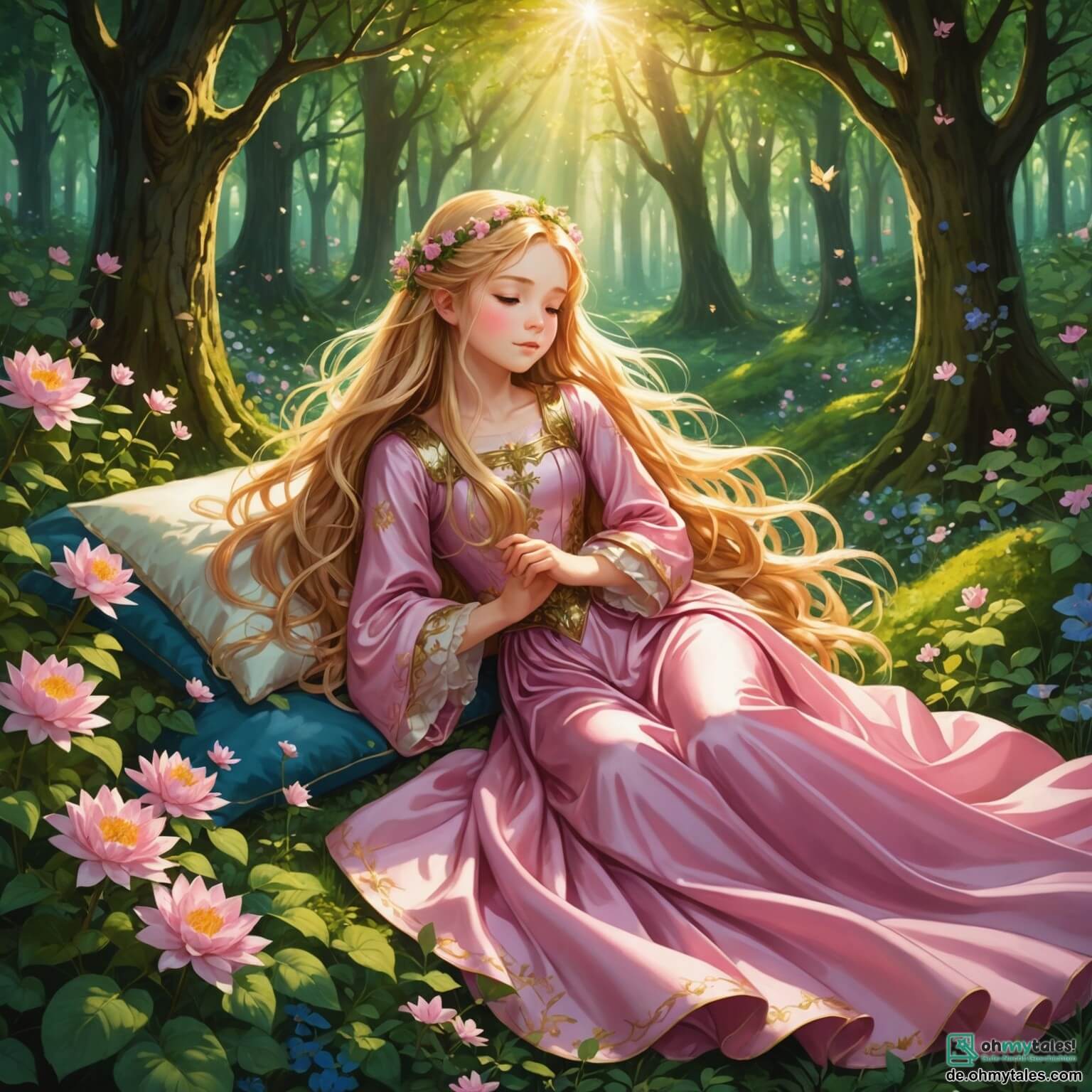 Une illustration destinée aux enfants représentant une jeune fille aux longs cheveux dorés, enveloppée dans une robe de satin rose délicat, dormant paisiblement dans un lit de fleurs scintillantes au cœur d'une forêt enchantée, où des rayons de soleil filtrent à travers les feuillages verdoyants, tandis qu'un prince courageux, vêtu d'une armure brillante, s'aventure à travers les ronces et les épines pour briser le sortilège qui la maintient endormie, entouré de créatures magiques comme un sage hibou aux plumes argentées et un doux écureuil aux yeux pétillants, tous deux témoins de cette scène féerique qui se déroule dans un royaume lointain, où le parfum des roses et le chant des oiseaux créent une atmosphère de rêve.