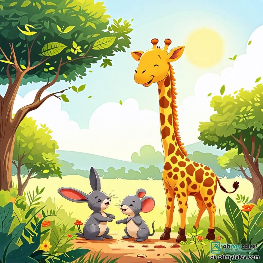 Une illustration sous forme de dessin destinée aux enfants représentant une savane ensoleillée avec des arbres verdoyants, où une grande girafe au long cou et aux taches dorées se penche pour partager des feuilles juteuses avec un petit lapin aux grandes oreilles et une souris malicieuse au pelage gris, tous trois riant joyeusement ensemble dans un moment de camaraderie et de partage.