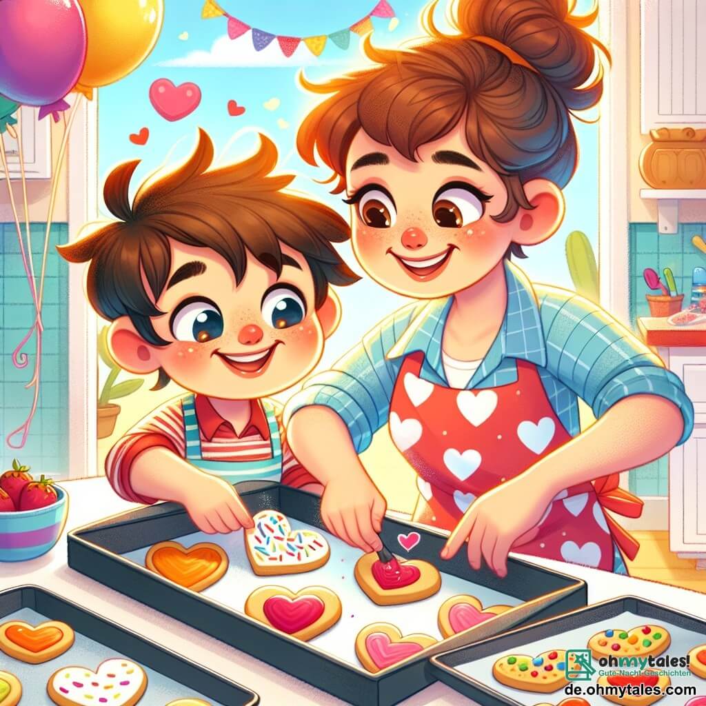 Une illustration sous forme de dessin destinée aux enfants représentant une cuisine colorée et ensoleillée, où un garçon de 5 ans aux cheveux bruns en bataille et aux yeux pétillants, portant un tablier à motifs de cœurs, est en train de sortir des biscuits en forme de cœur du four, tandis que sa maman, une femme souriante aux cheveux châtains, l'aide en décorant les gâteaux avec des paillettes colorées, le tout entouré de ballons et de décorations de Saint-Valentin, illustrant la joie et l'excitation d'une fête d'amitié.